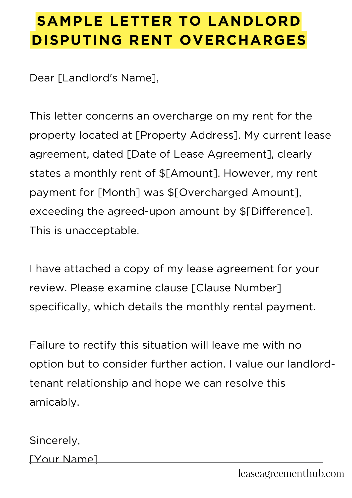 Sample Letter To Landlord Disputing Rent Overcharges