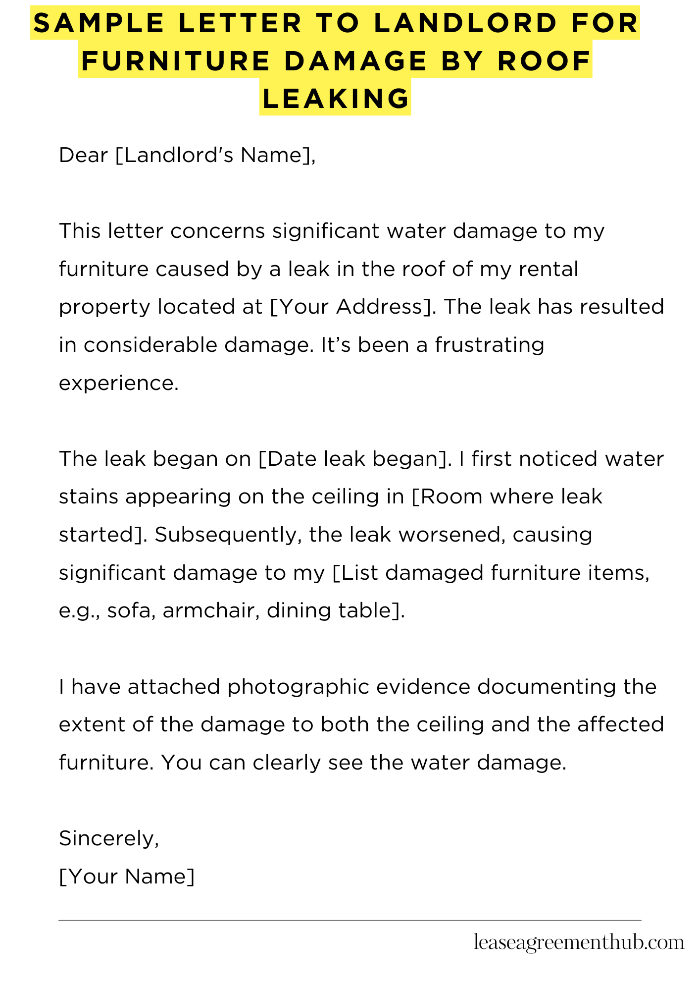 Sample Letter To Landlord For Furniture Damage By Roof Leaking