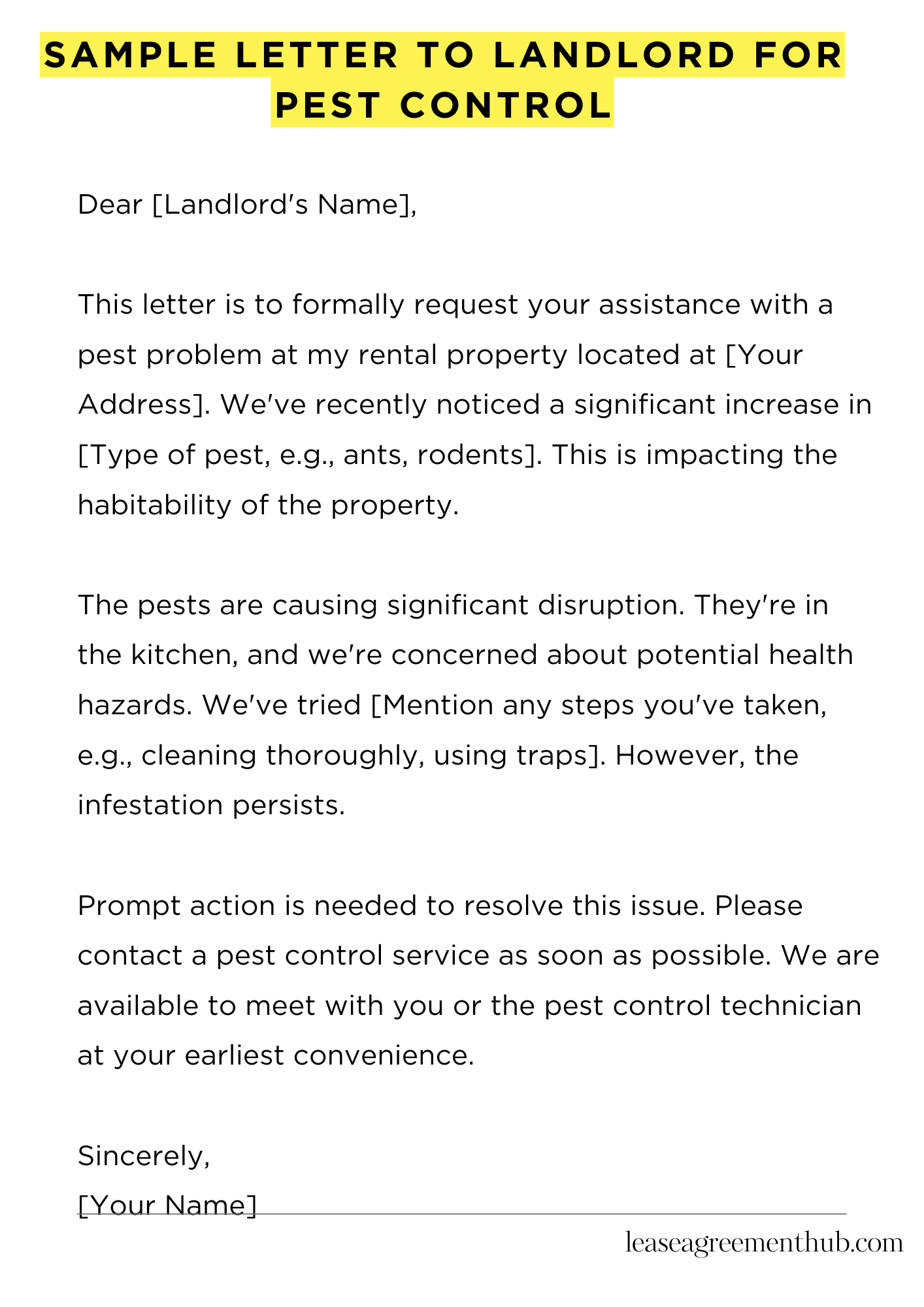 Sample Letter To Landlord For Pest Control