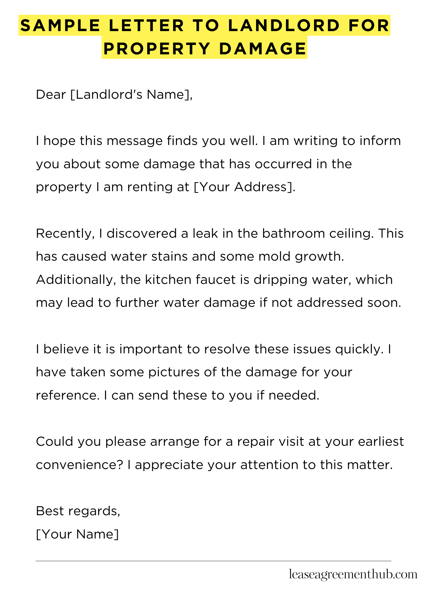 Sample Letter To Landlord For Property Damage