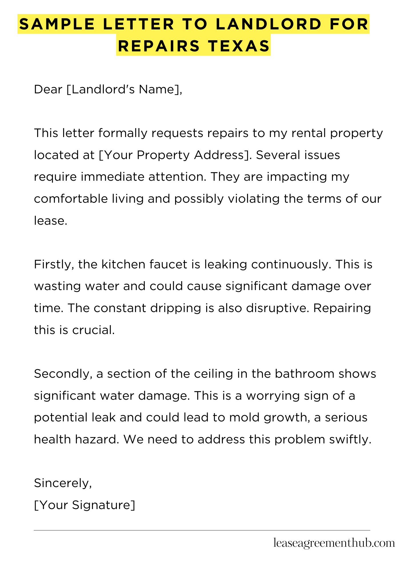 Sample Letter To Landlord For Repairs Texas