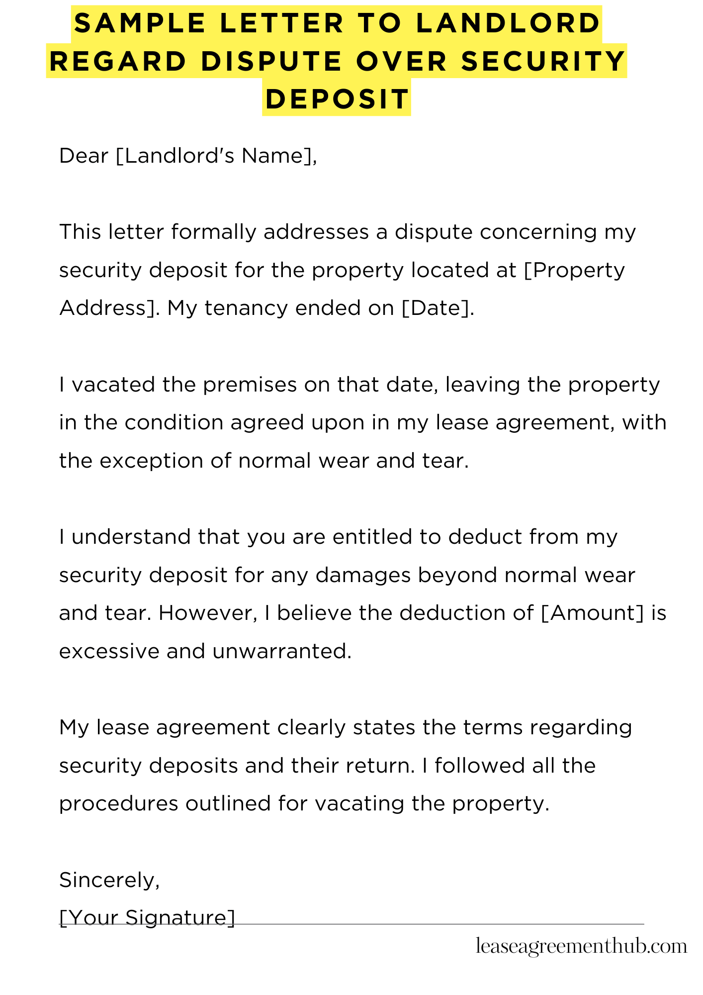 Sample Letter To Landlord Regard Dispute Over Security Deposit