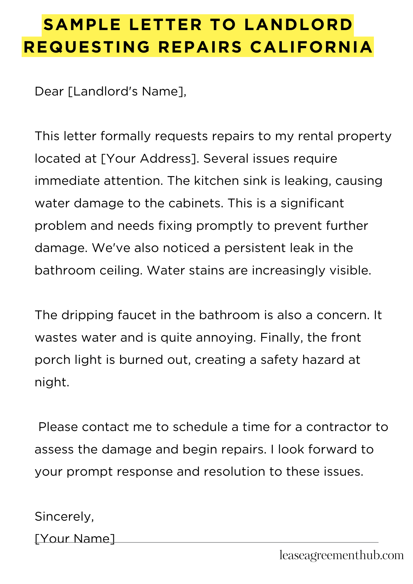 Sample Letter To Landlord Requesting Repairs California