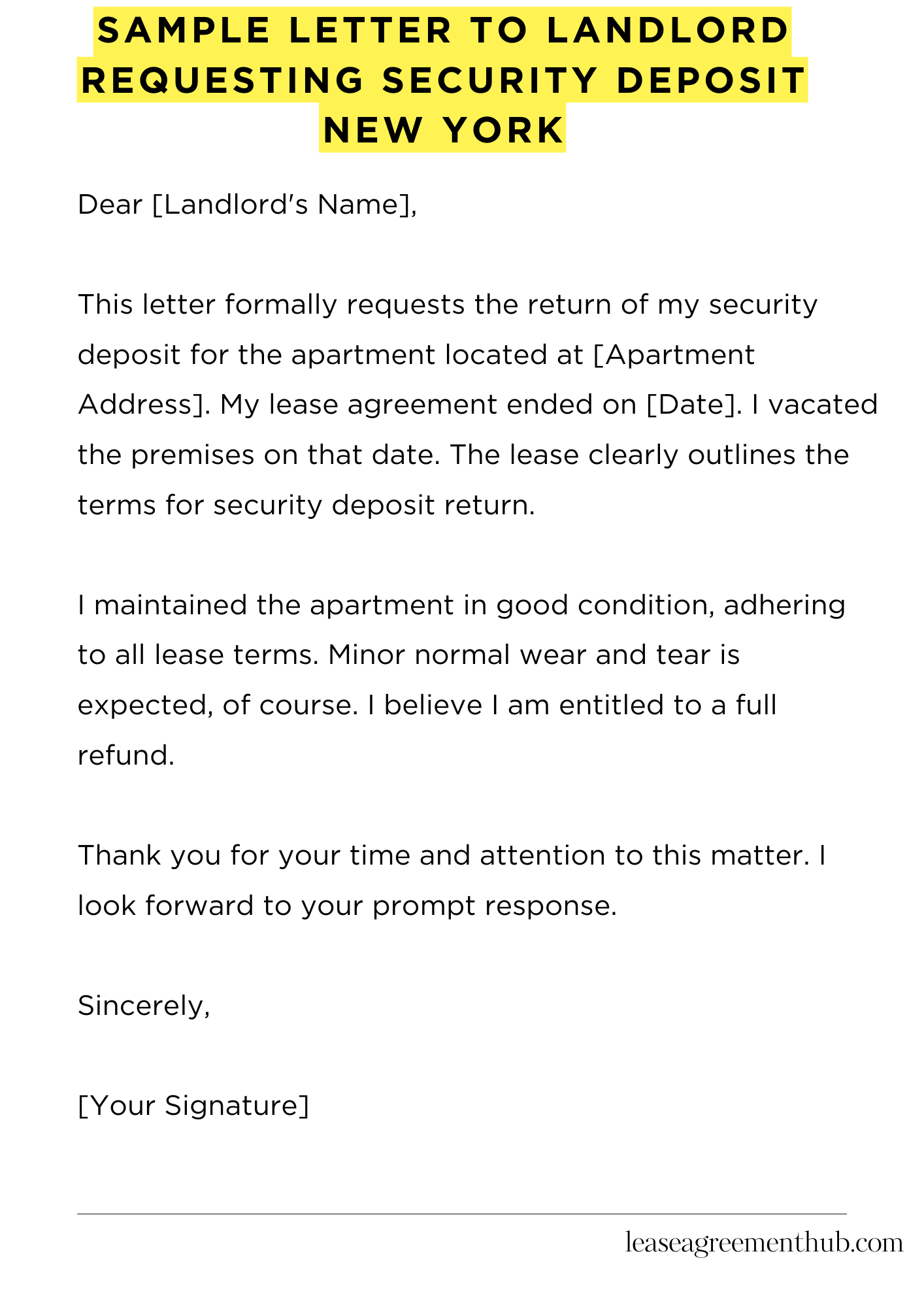 Sample Letter To Landlord Requesting Security Deposit New York