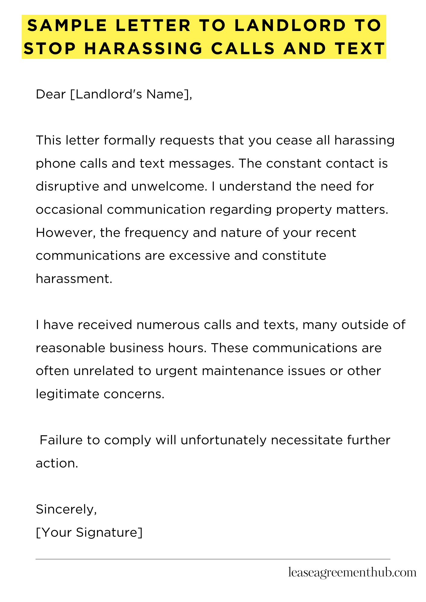 Sample Letter To Landlord To Stop Harassing Calls And Text