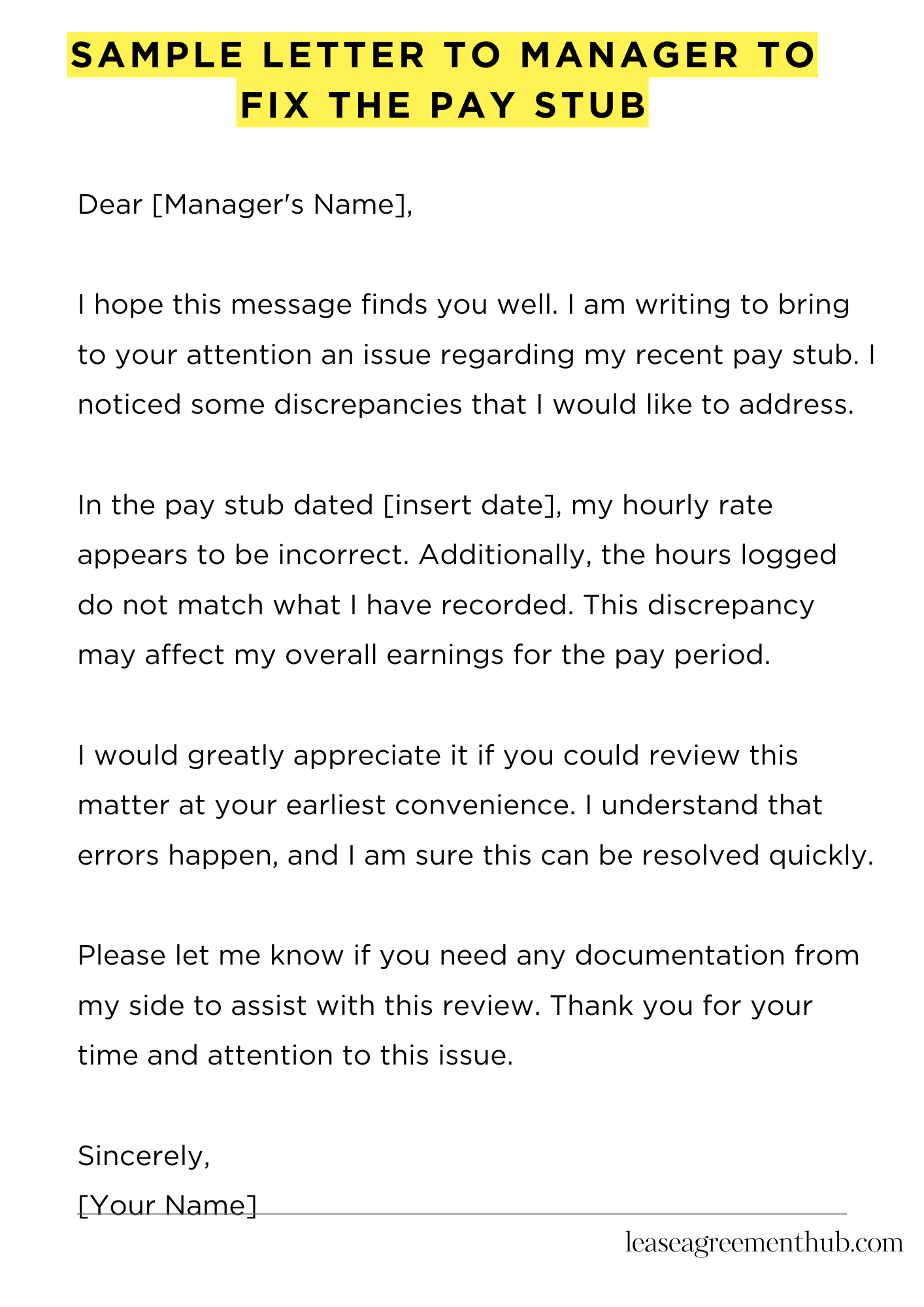Sample Letter To Manager To Fix The Pay Stub
