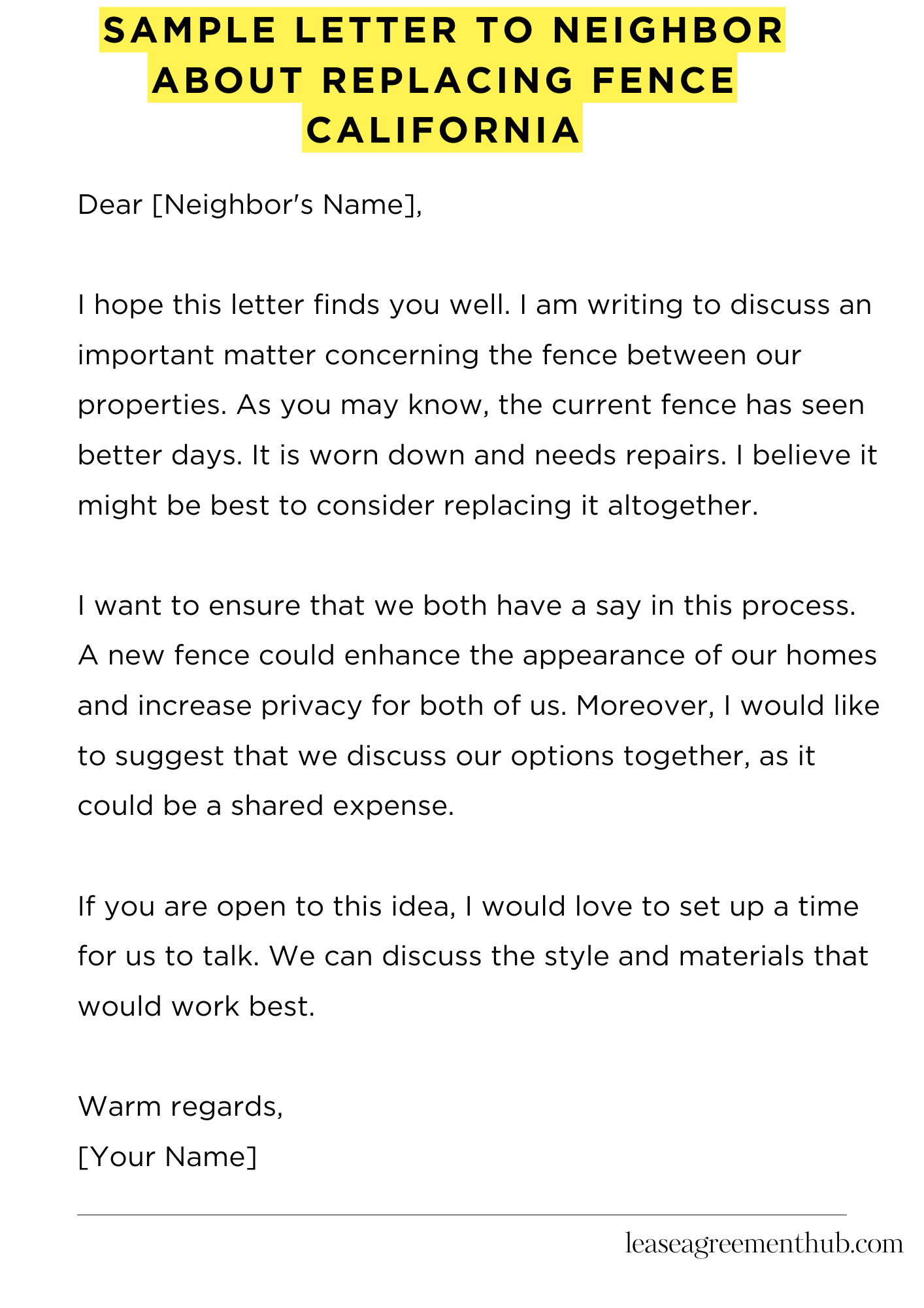 Sample Letter To Neighbor About Replacing Fence California