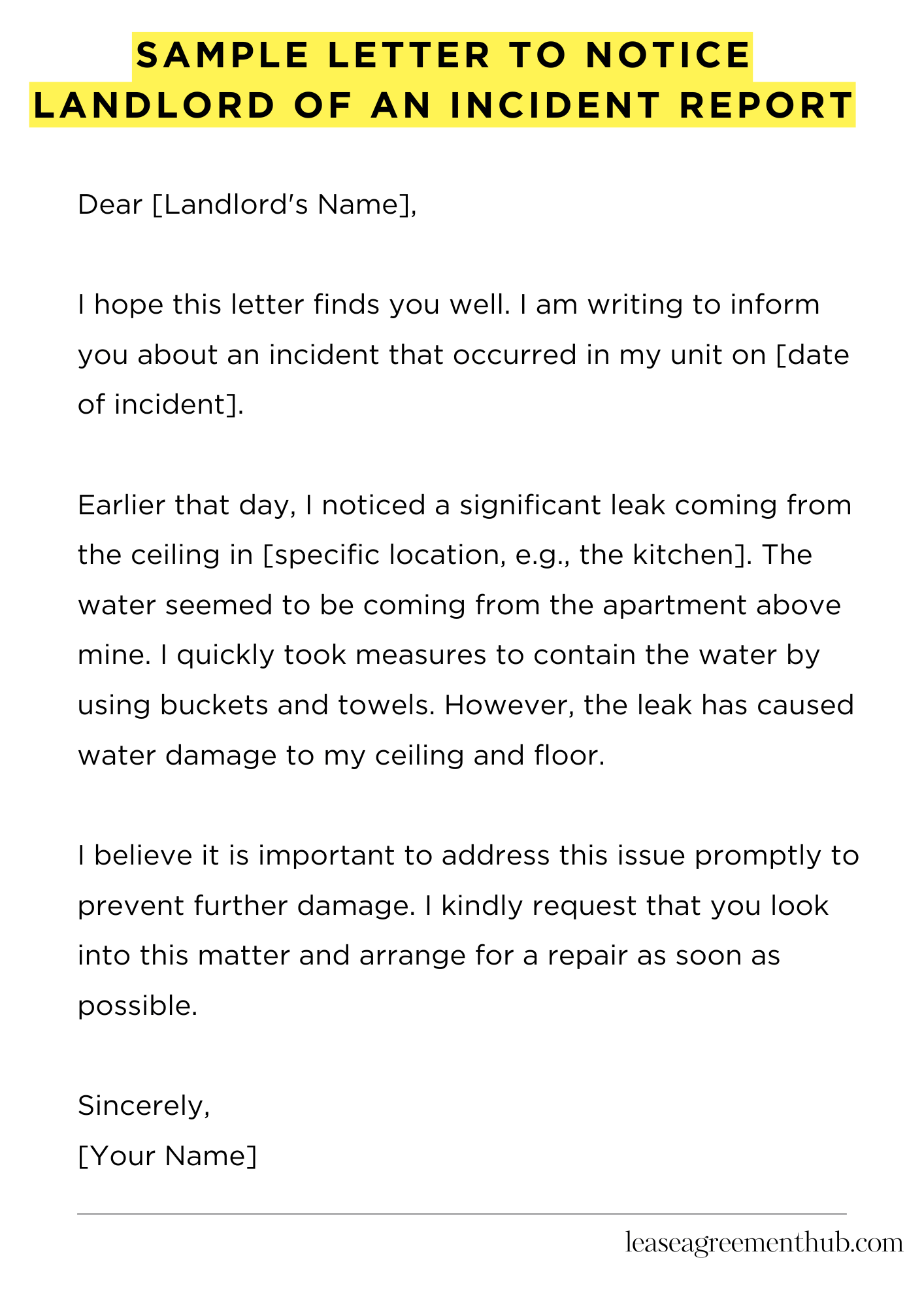 Sample Letter To Notice Landlord Of An Incident Report