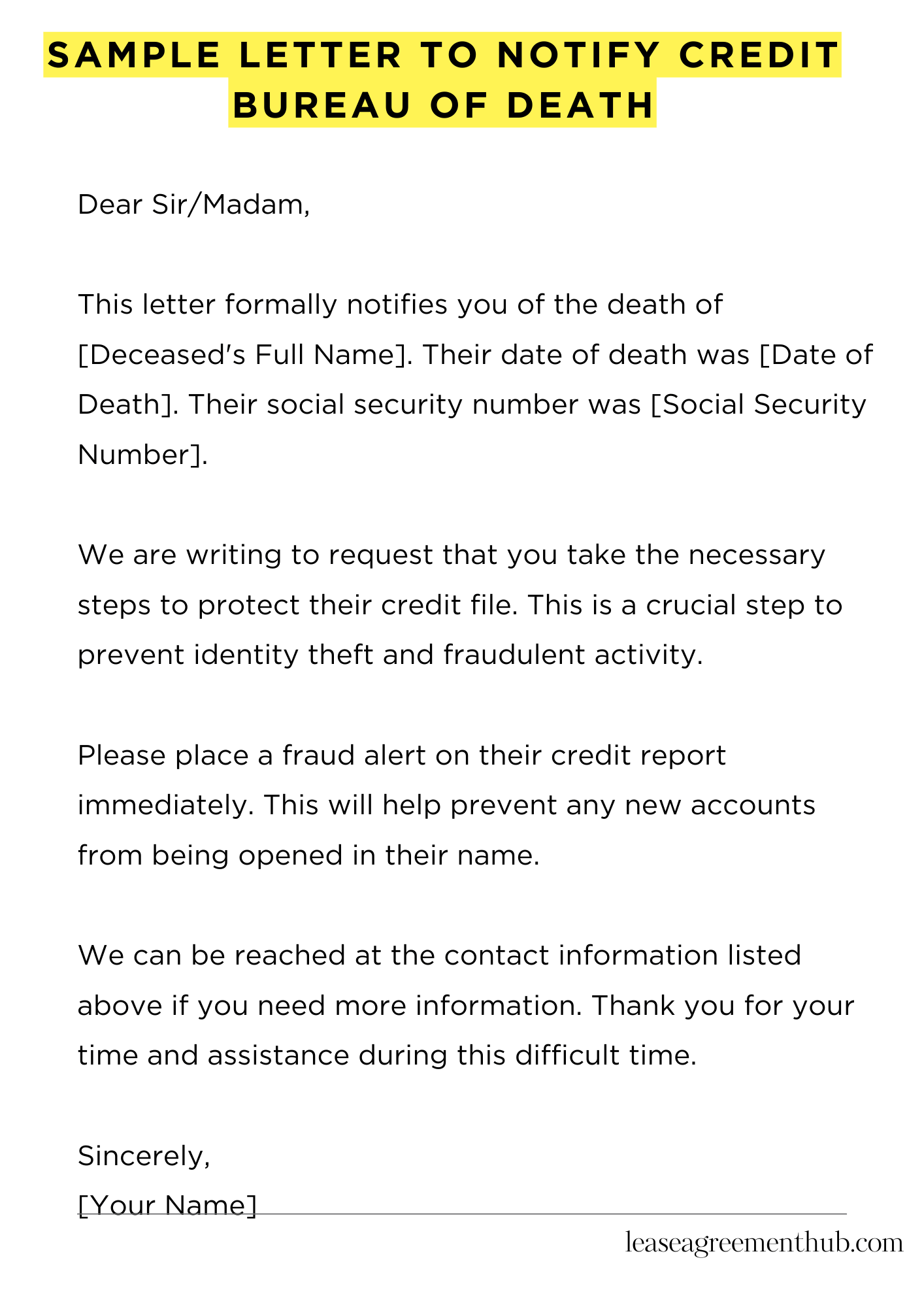 Sample Letter To Notify Credit Bureau Of Death