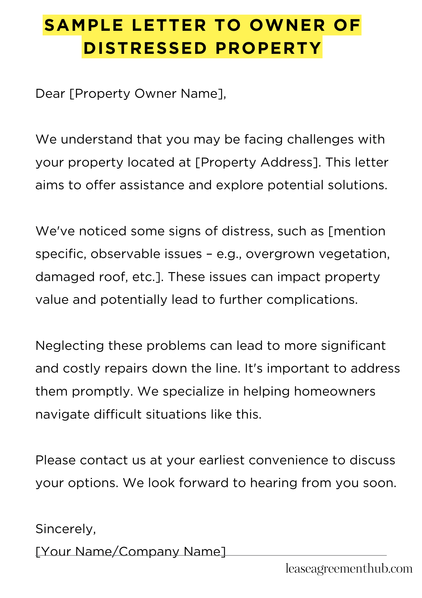 Sample Letter To Owner Of Distressed Property