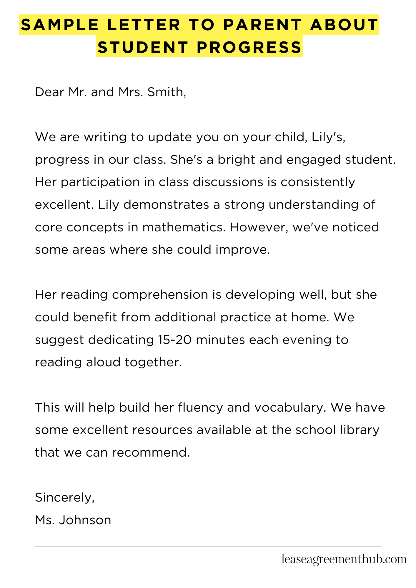 Sample Letter To Parent About Student Progress