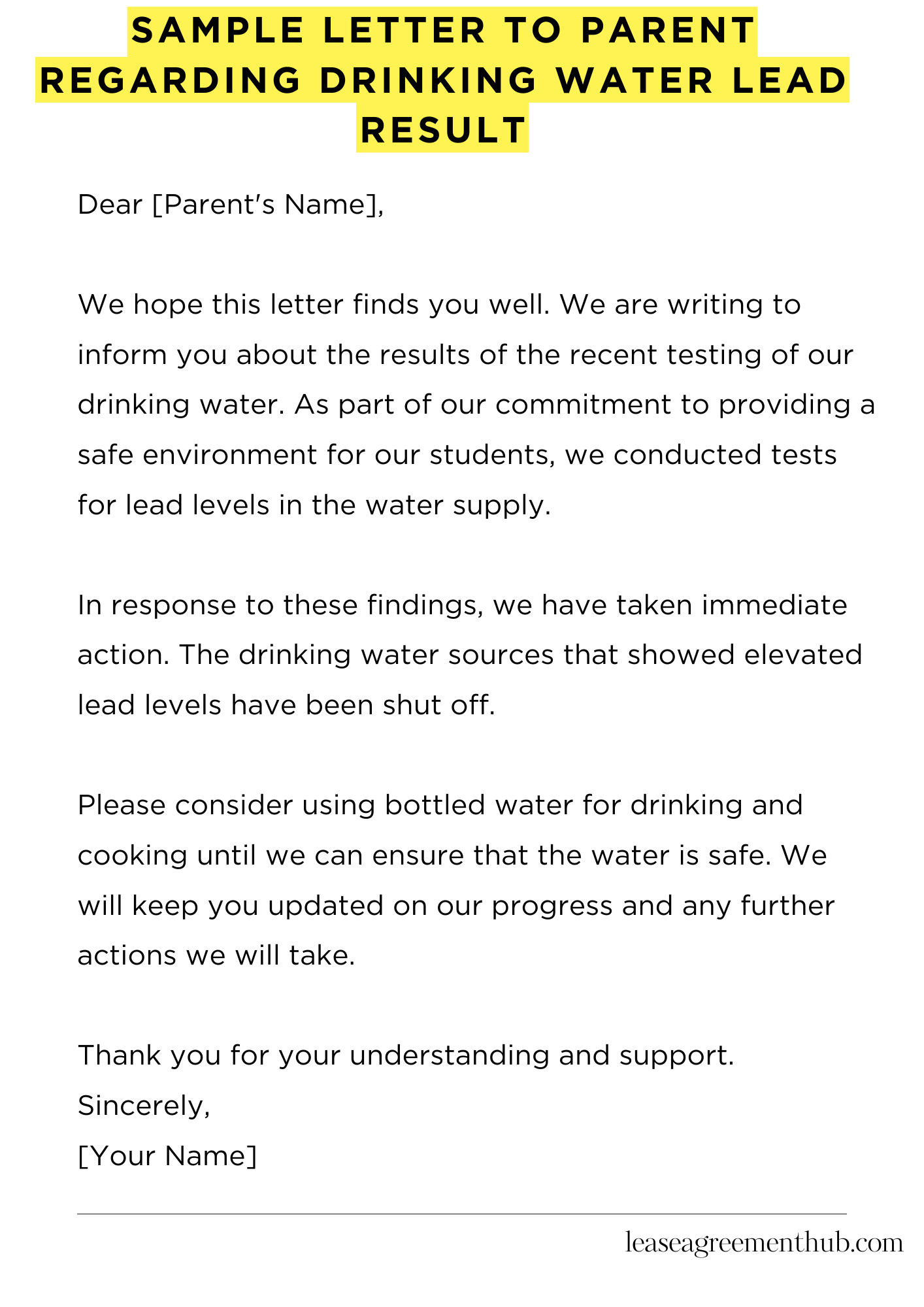 Sample Letter To Parent Regarding Drinking Water Lead Result