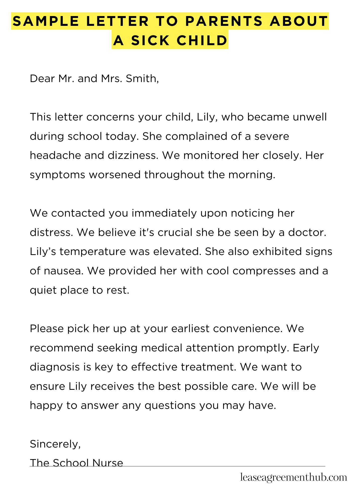 Sample Letter To Parents About A Sick Child