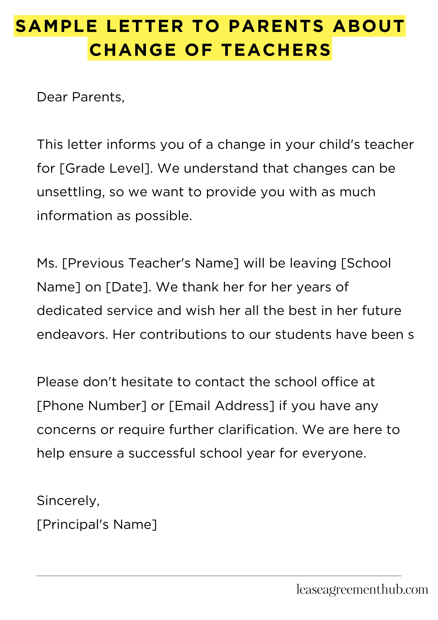 Sample Letter To Parents About Change Of Teachers