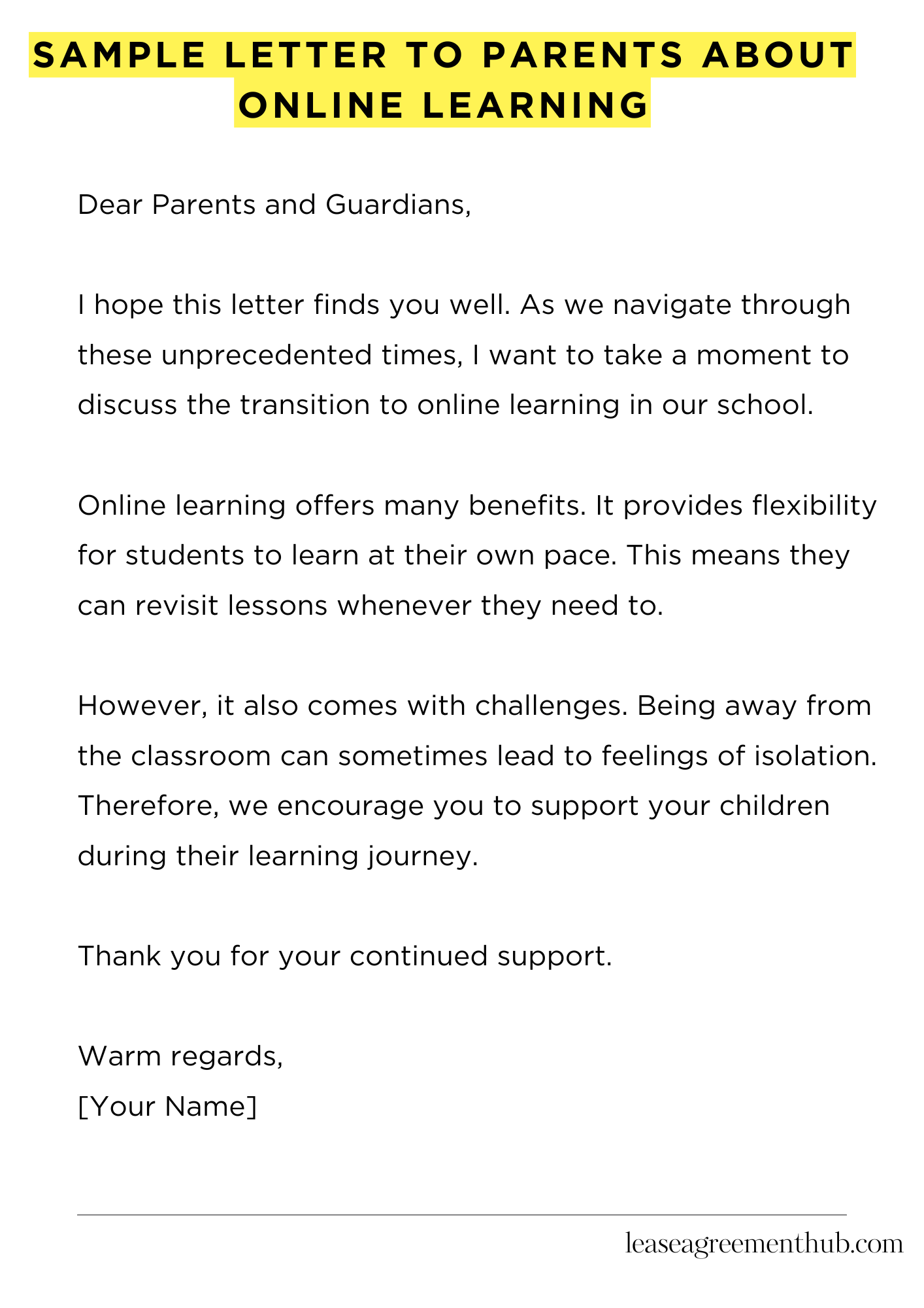Sample Letter To Parents About Online Learning
