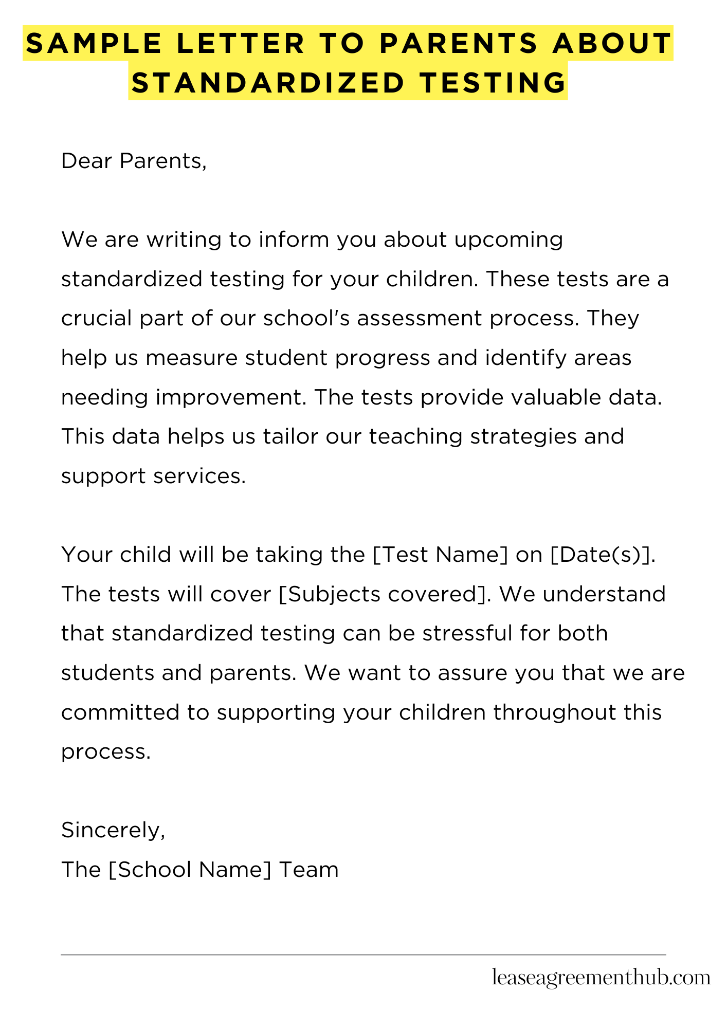 Sample Letter To Parents About Standardized Testing