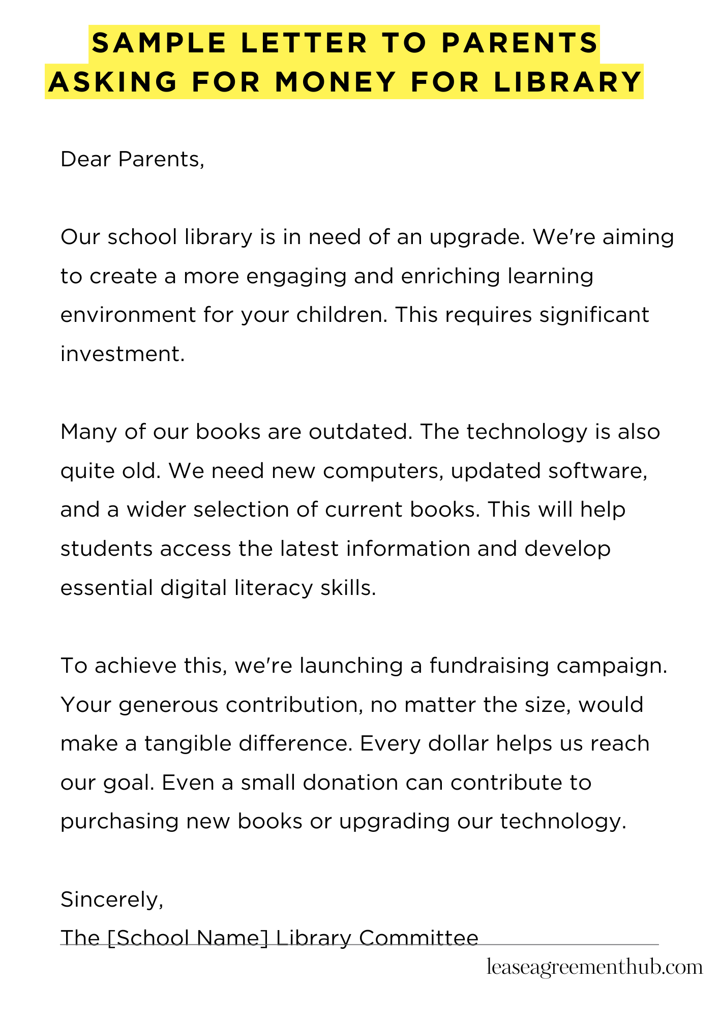 Sample Letter To Parents Asking For Money For Library