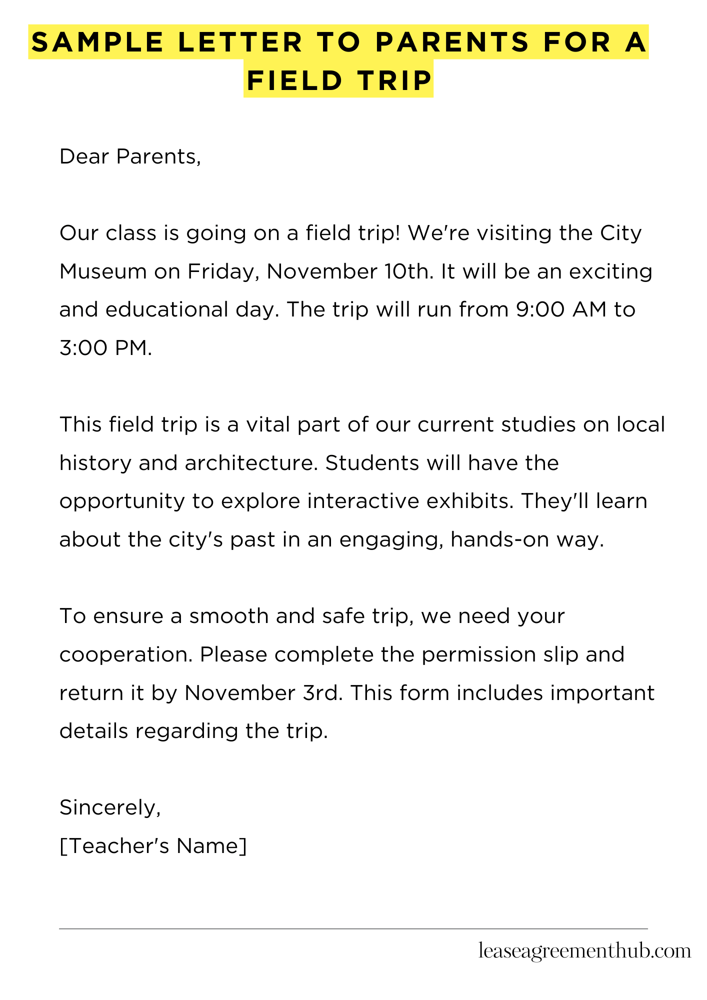 Sample Letter To Parents For A Field Trip