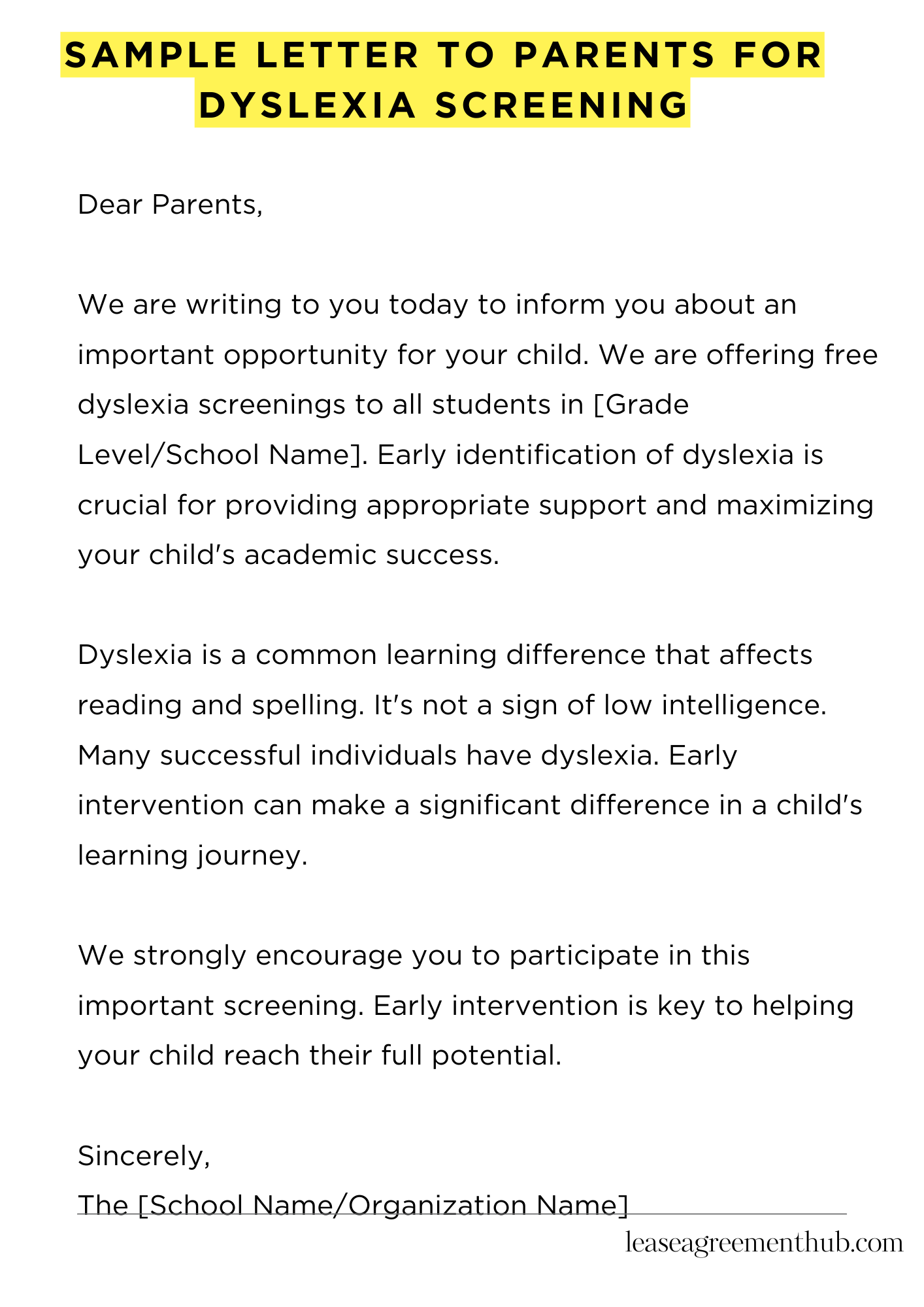 Sample Letter To Parents For Dyslexia Screening