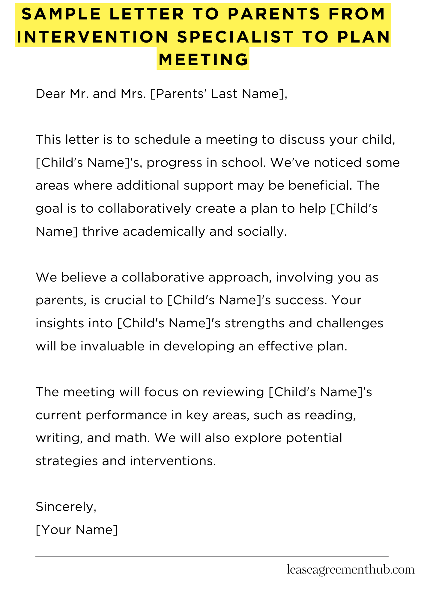 Sample Letter To Parents From Intervention Specialist To Plan Meeting