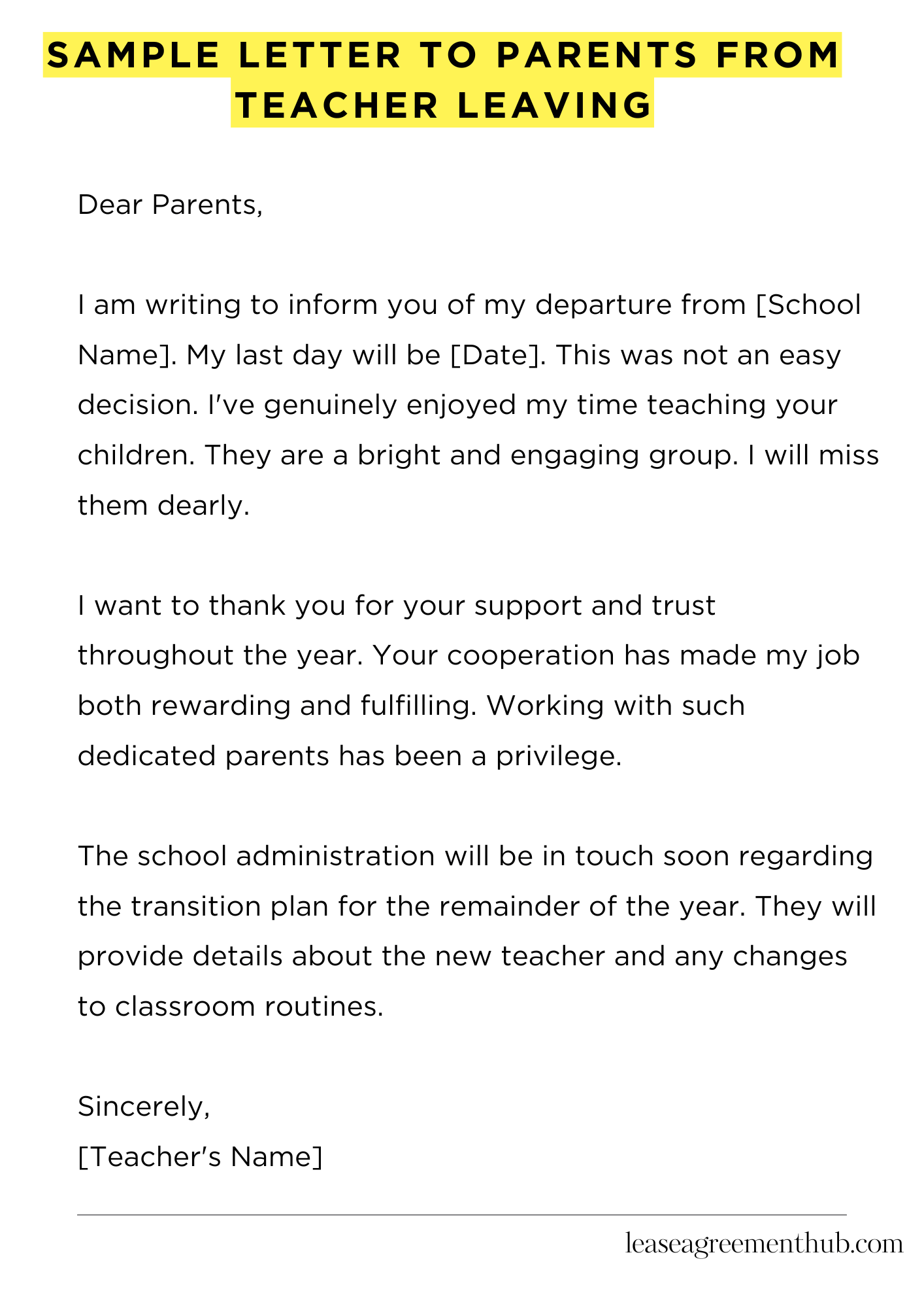 Sample Letter To Parents From Teacher Leaving