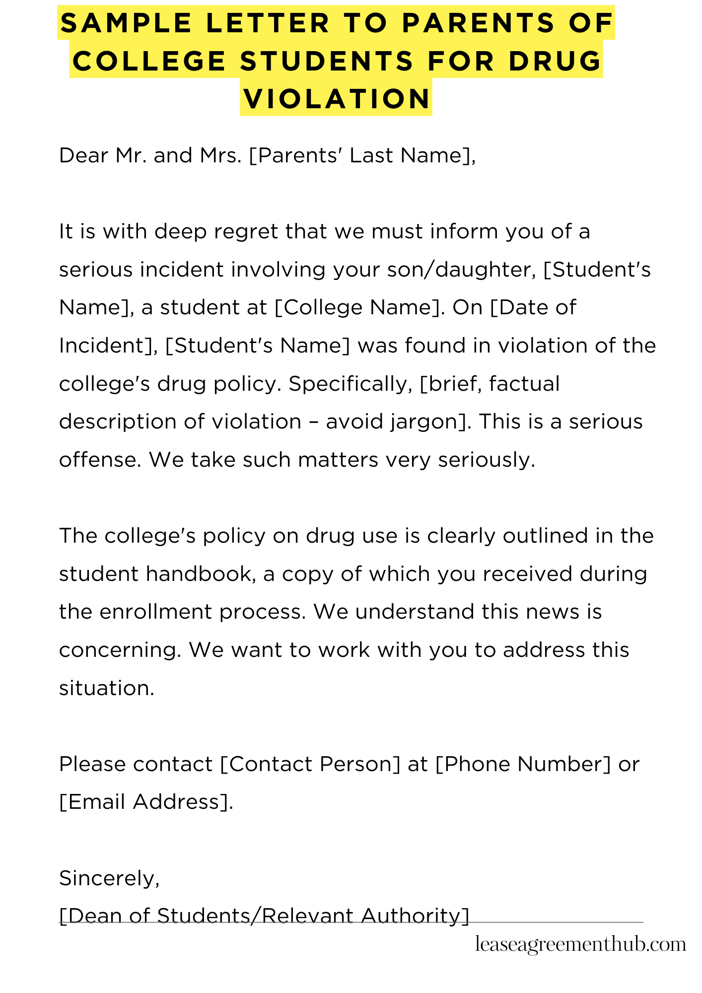 Sample Letter To Parents Of College Students For Drug Violation