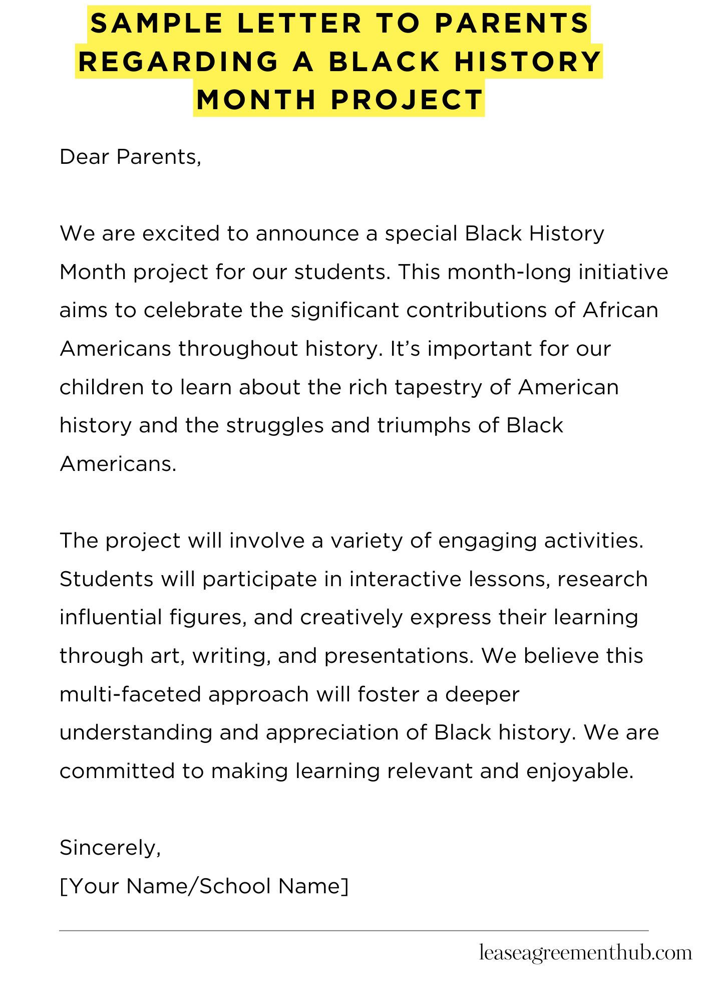 Sample Letter To Parents Regarding A Black History Month Project