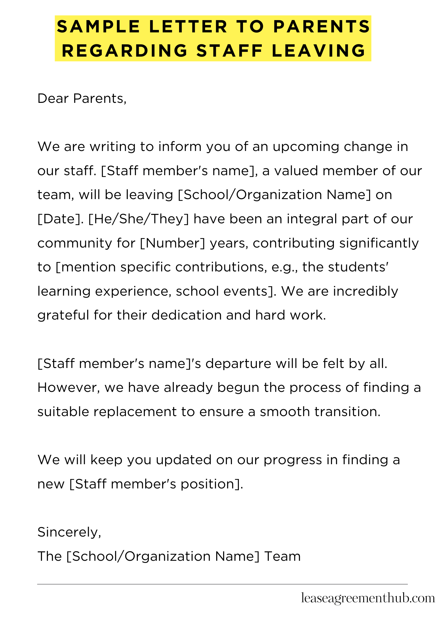 Sample Letter To Parents Regarding Staff Leaving