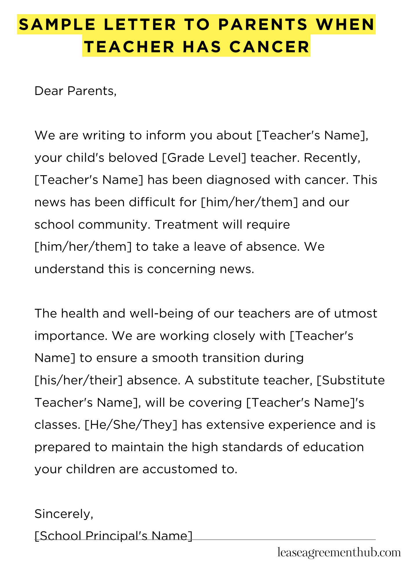 Sample Letter To Parents When Teacher Has Cancer