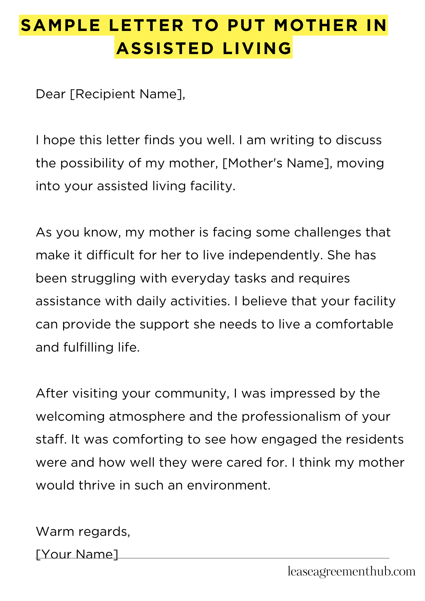Sample Letter To Put Mother In Assisted Living