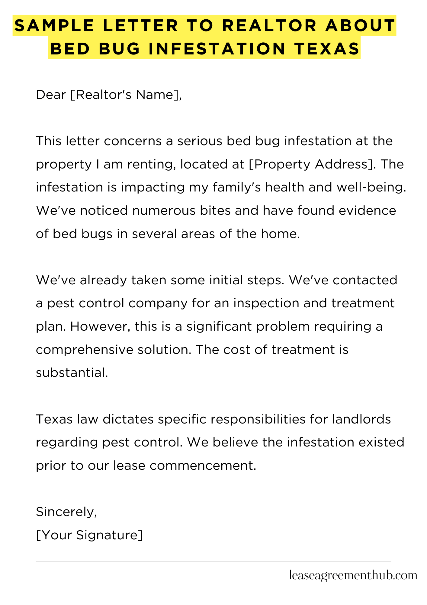 Sample Letter To Realtor About Bed Bug Infestation Texas
