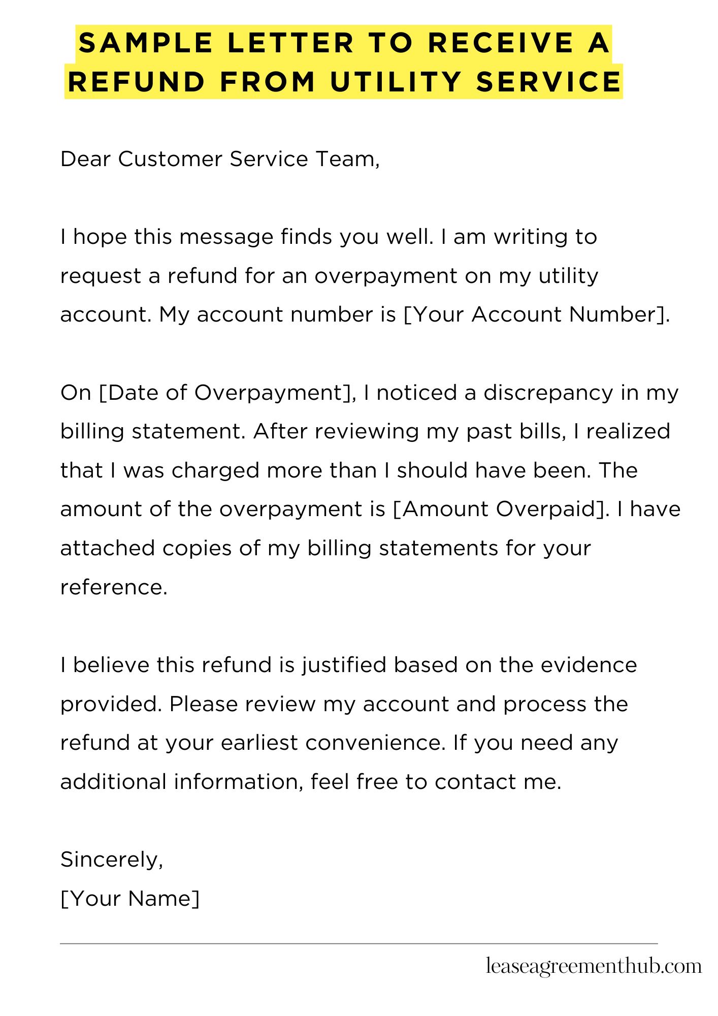 Sample Letter To Receive A Refund From Utility Service