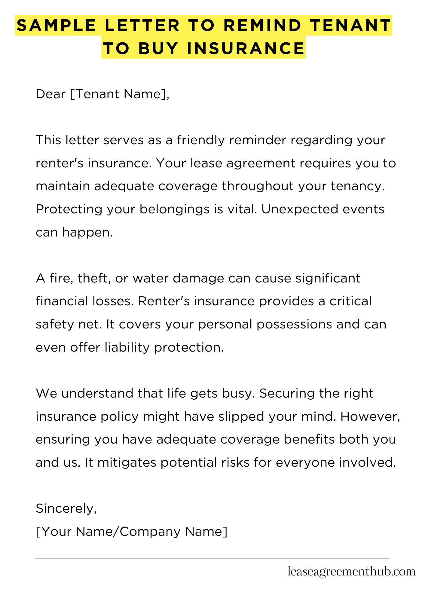 Sample Letter To Remind Tenant To Buy Insurance