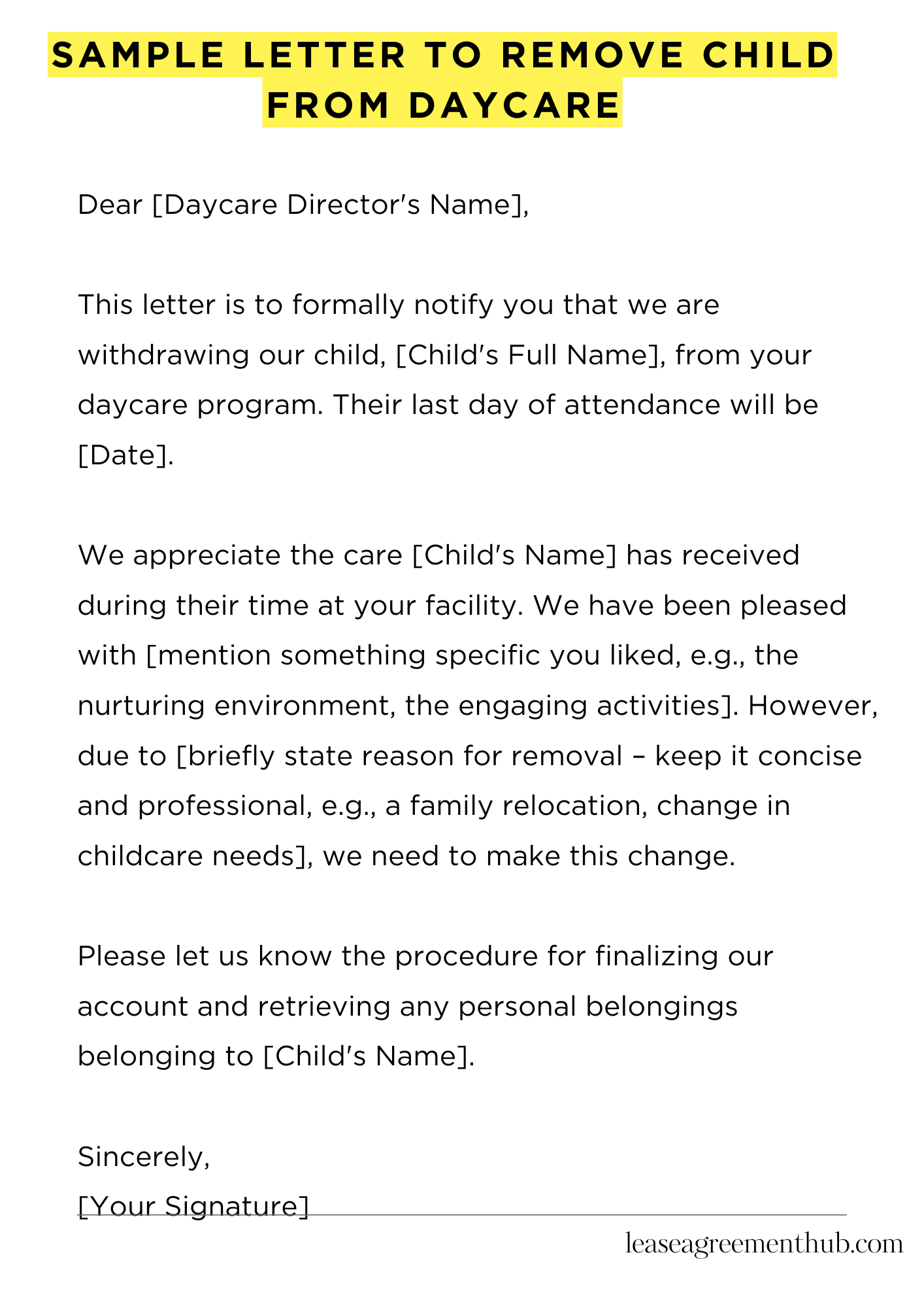 Sample Letter To Remove Child From Daycare