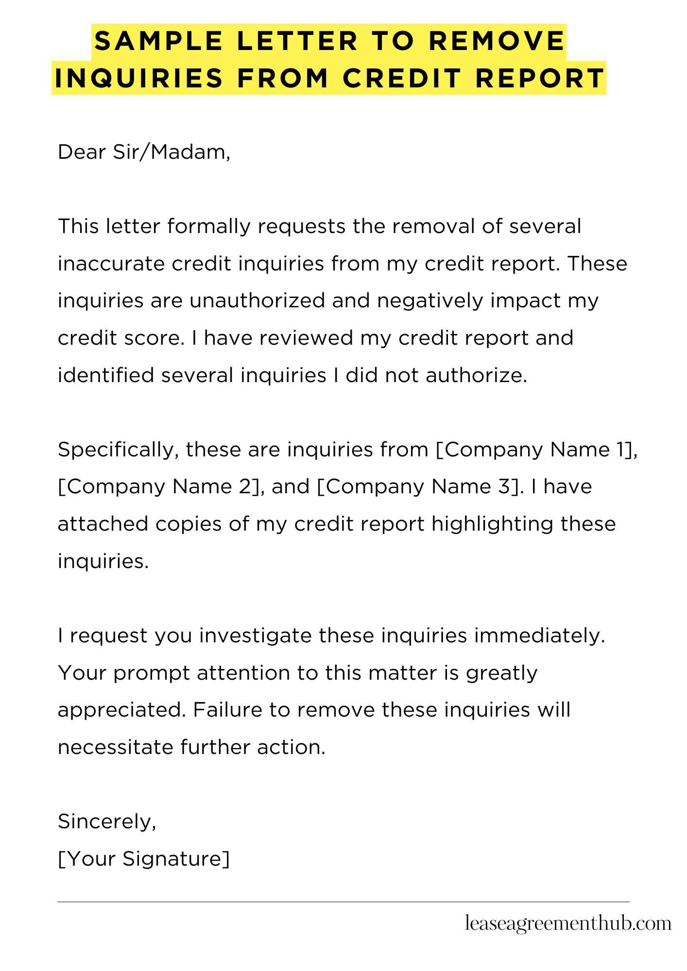 Sample Letter To Remove Inquiries From Credit Report