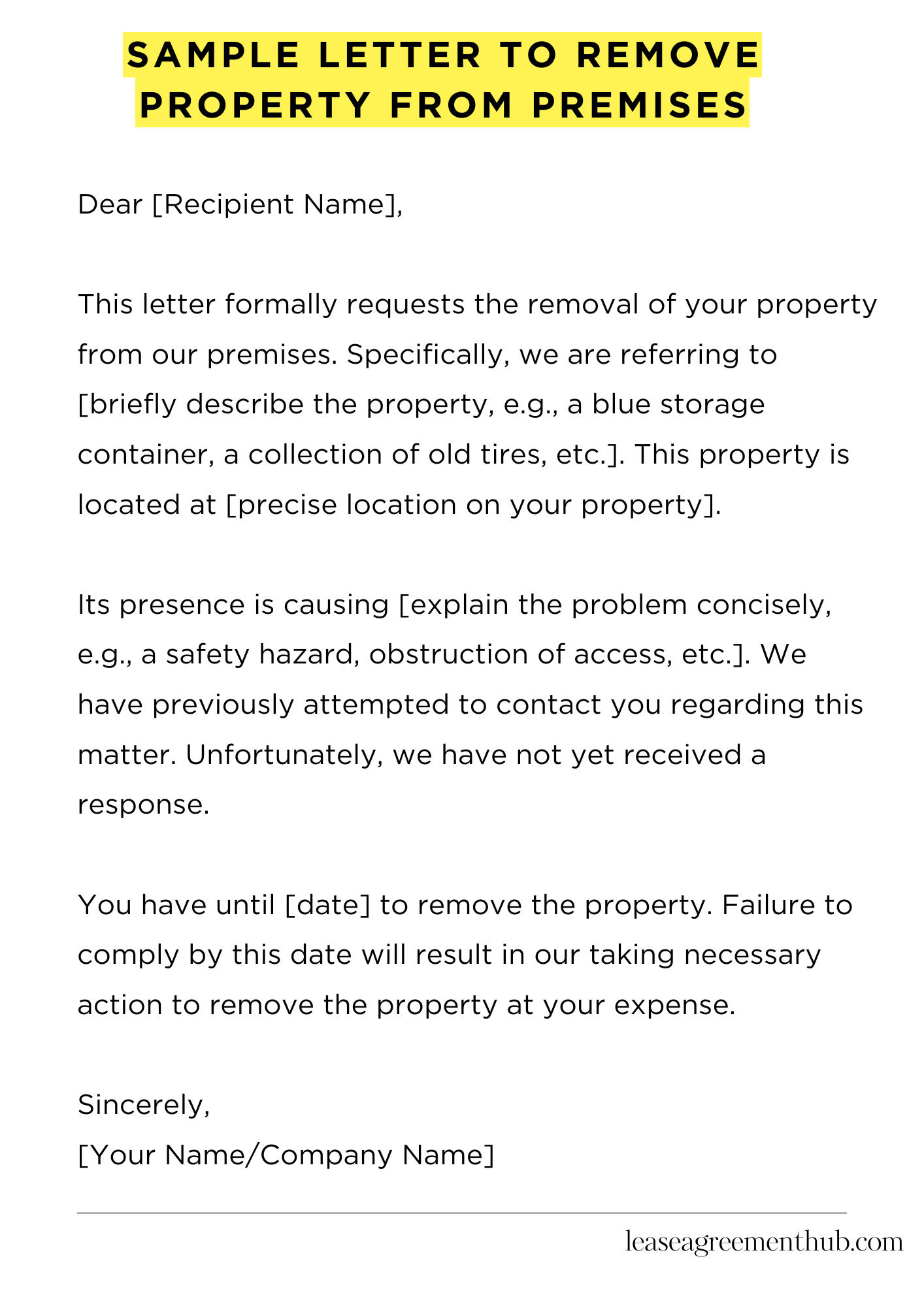 Sample Letter To Remove Property From Premises