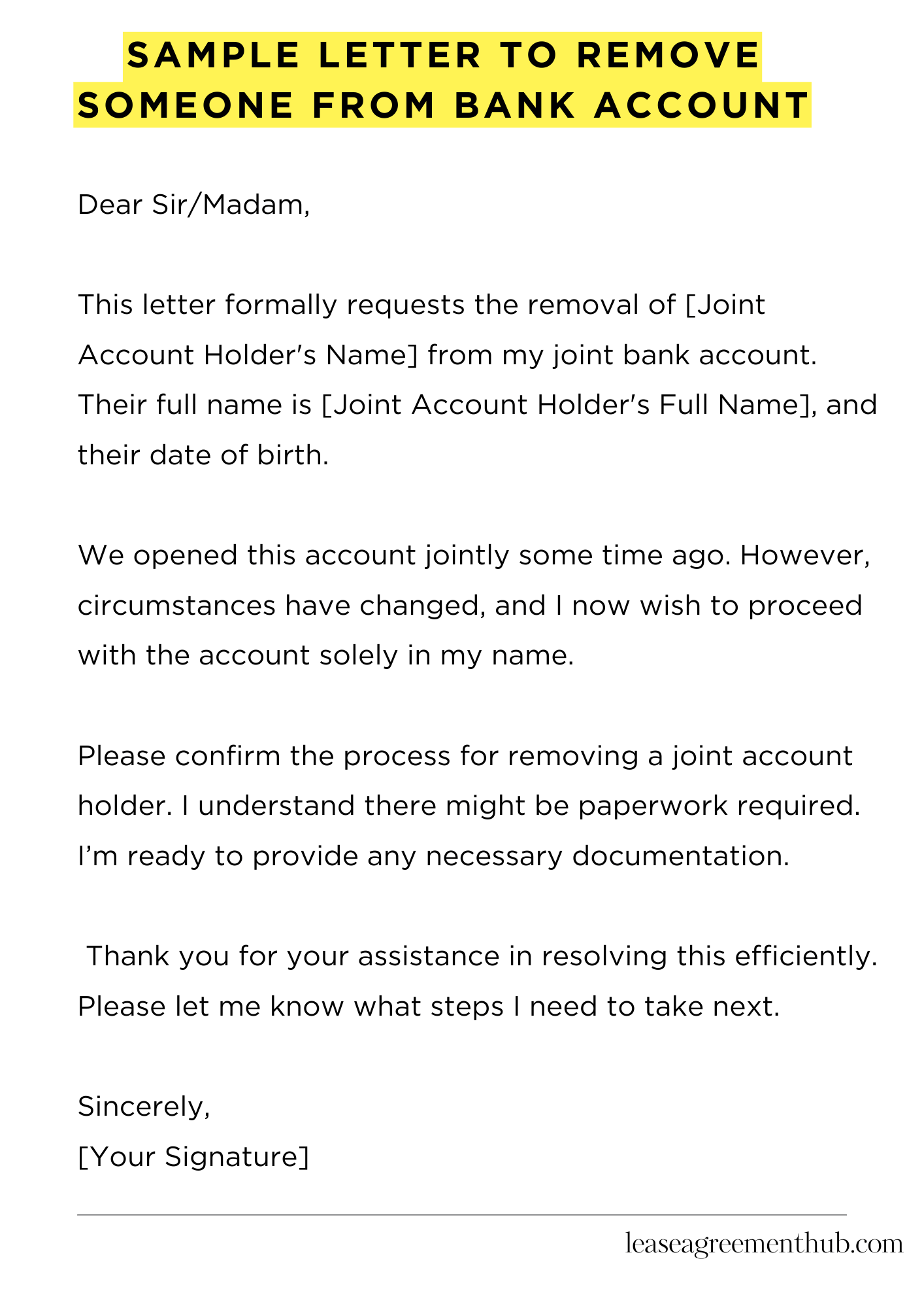 Sample Letter To Remove Someone From Bank Account