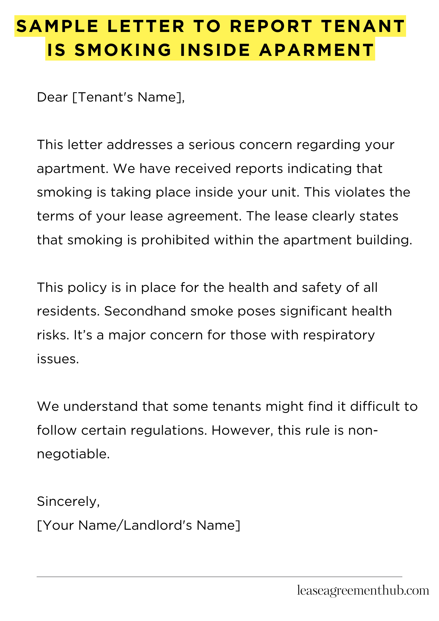 Sample Letter To Report Tenant Is Smoking Inside Aparment