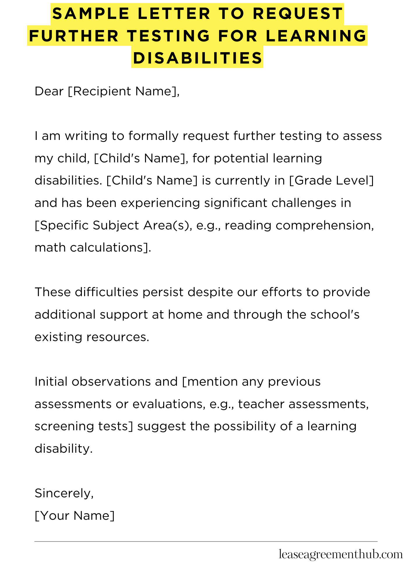 Sample Letter To Request Further Testing For Learning Disabilities