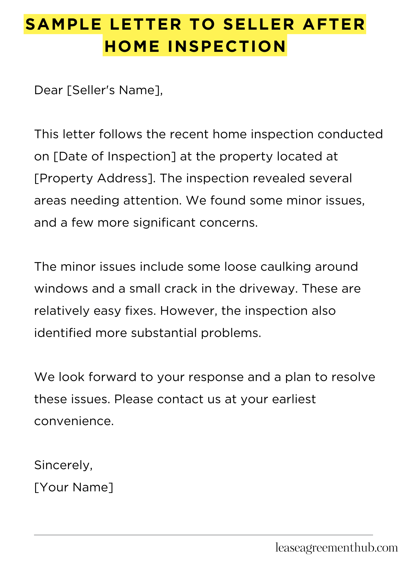 Sample Letter To Seller After Home Inspection