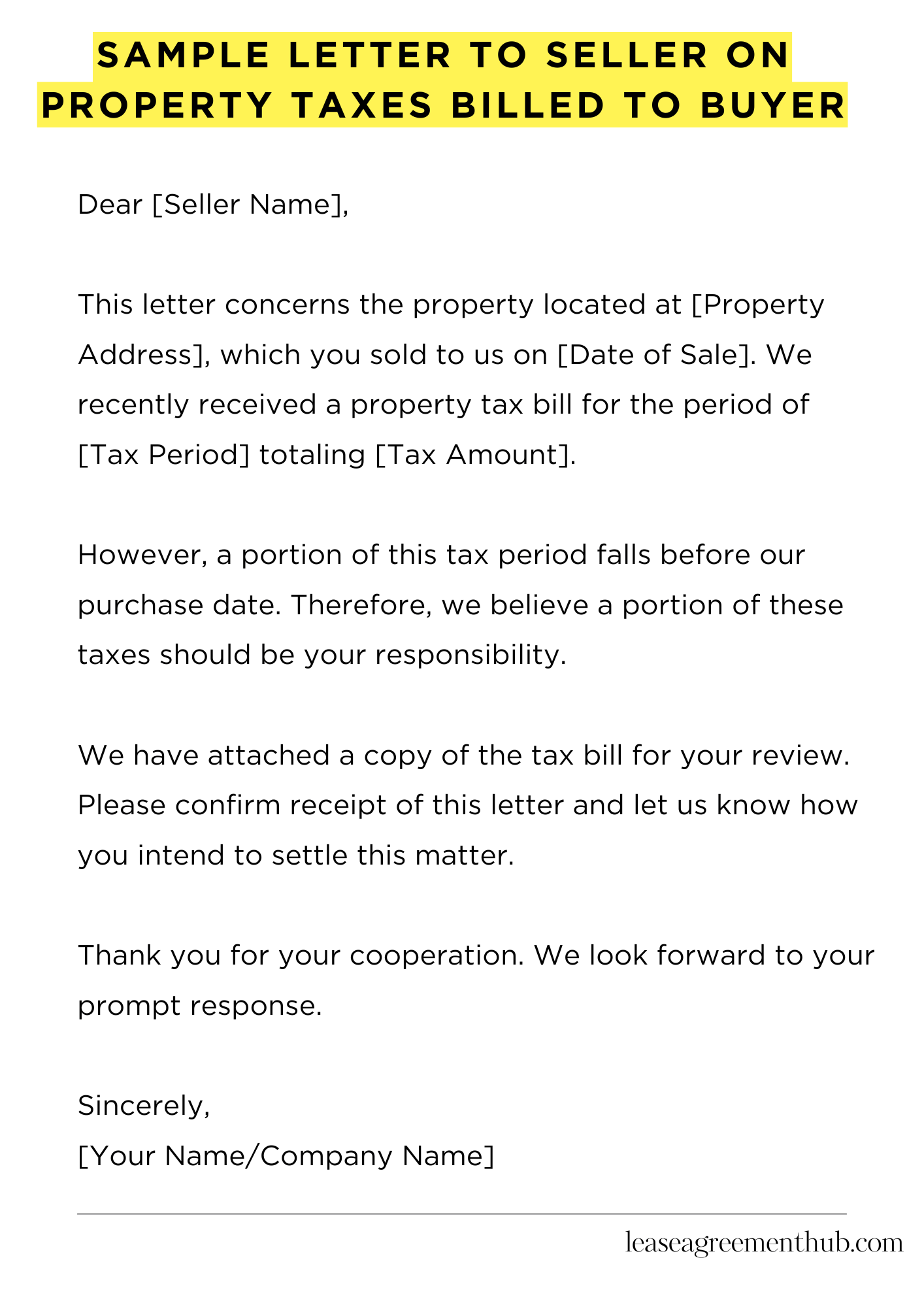 Sample Letter To Seller On Property Taxes Billed To Buyer