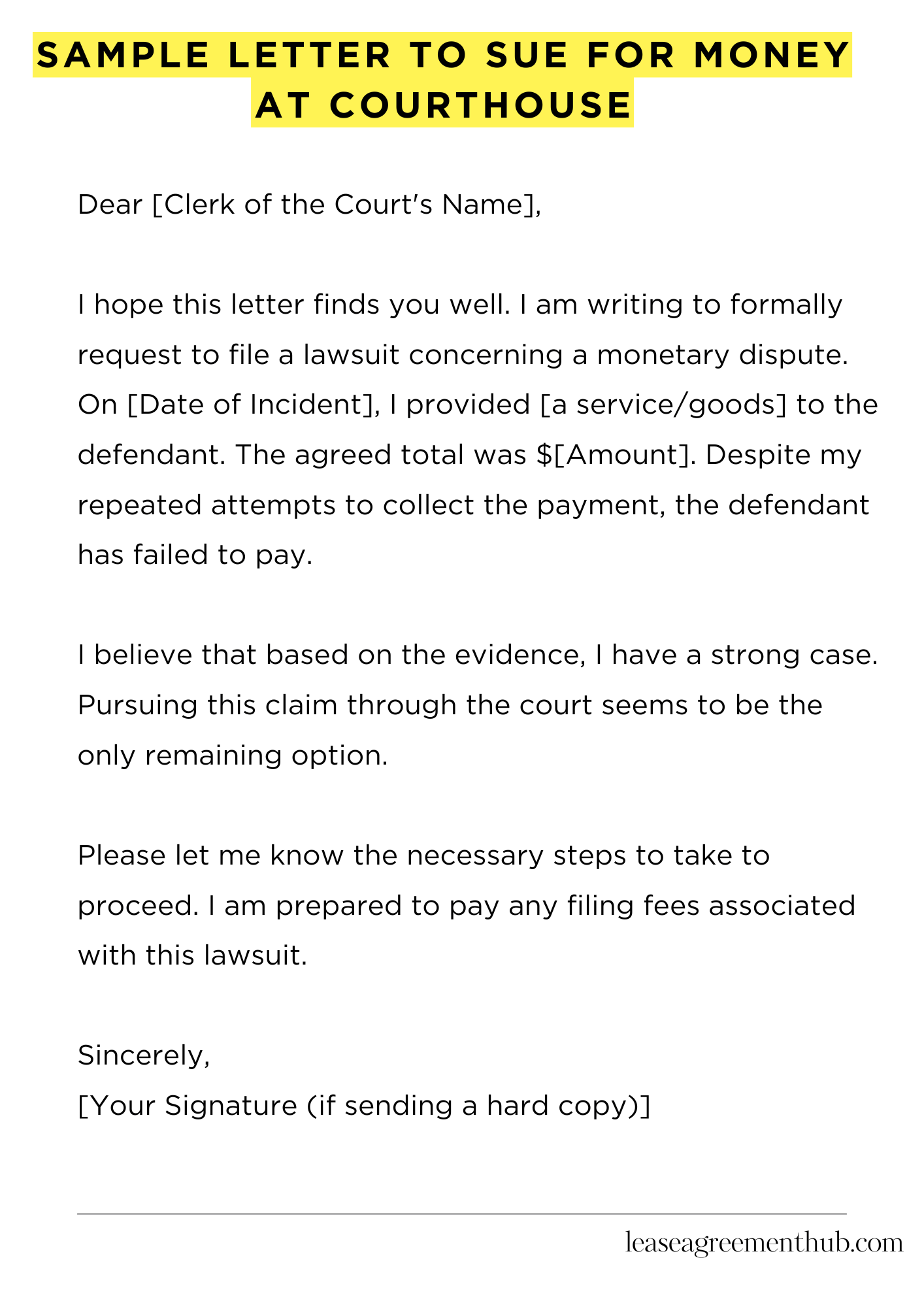 Sample Letter To Sue For Money At Courthouse