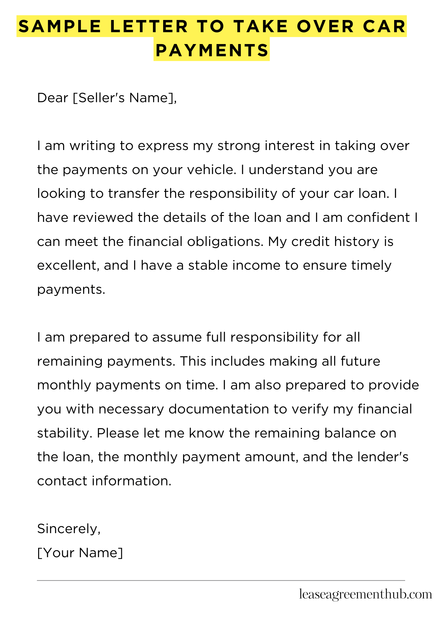 Sample Letter To Take Over Car Payments