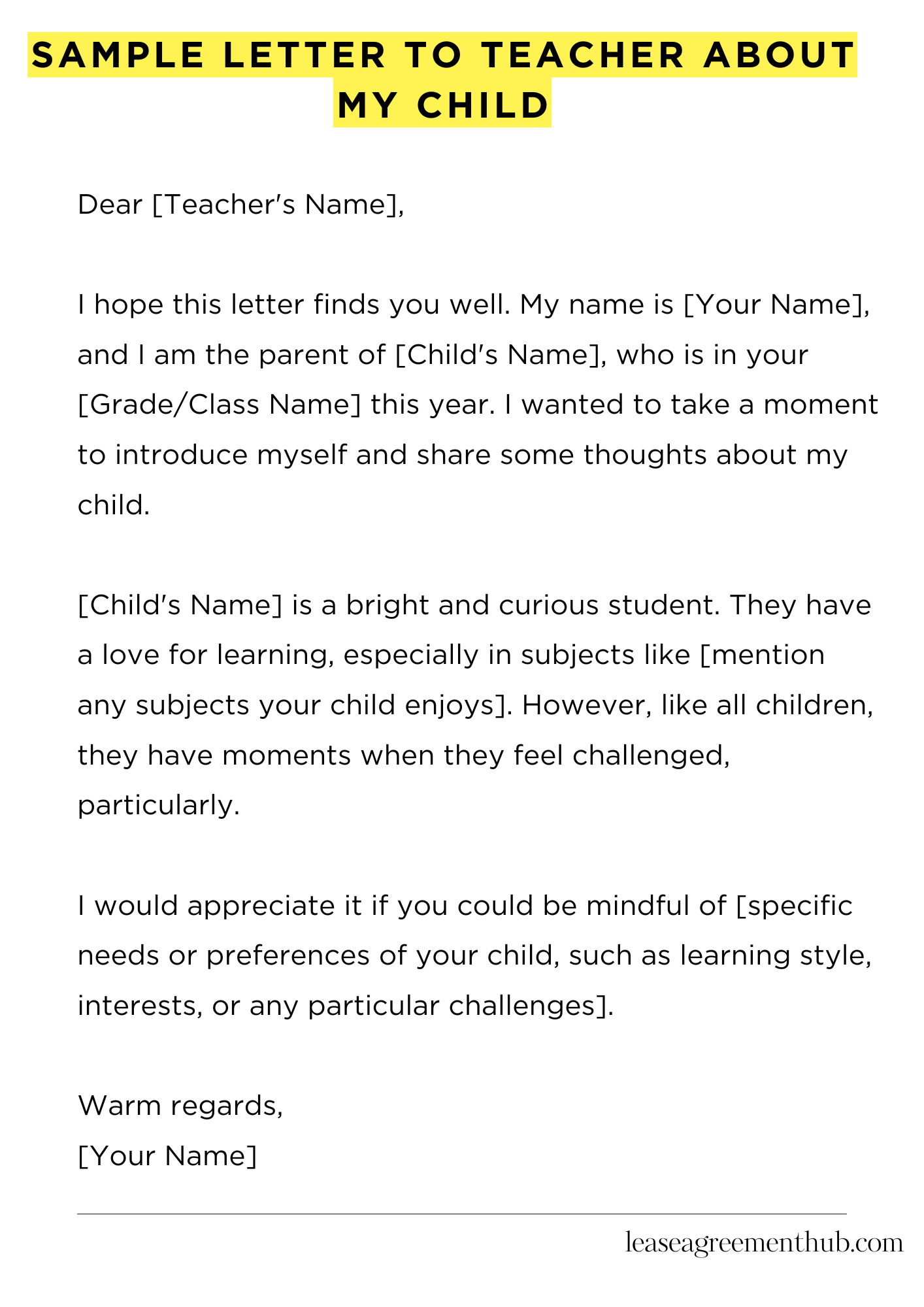 Sample Letter To Teacher About My Child