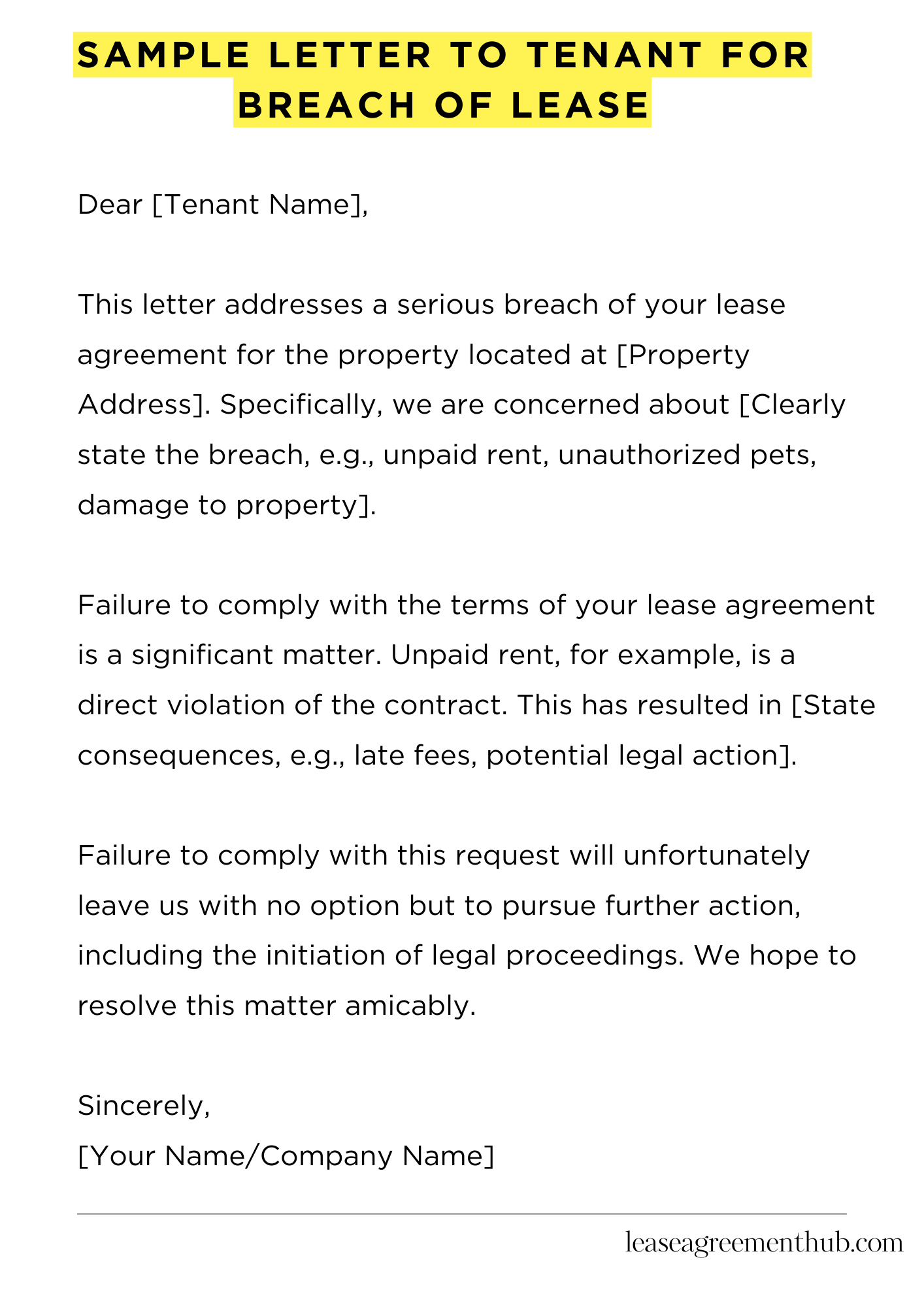 Sample Letter To Tenant For Breach Of Lease