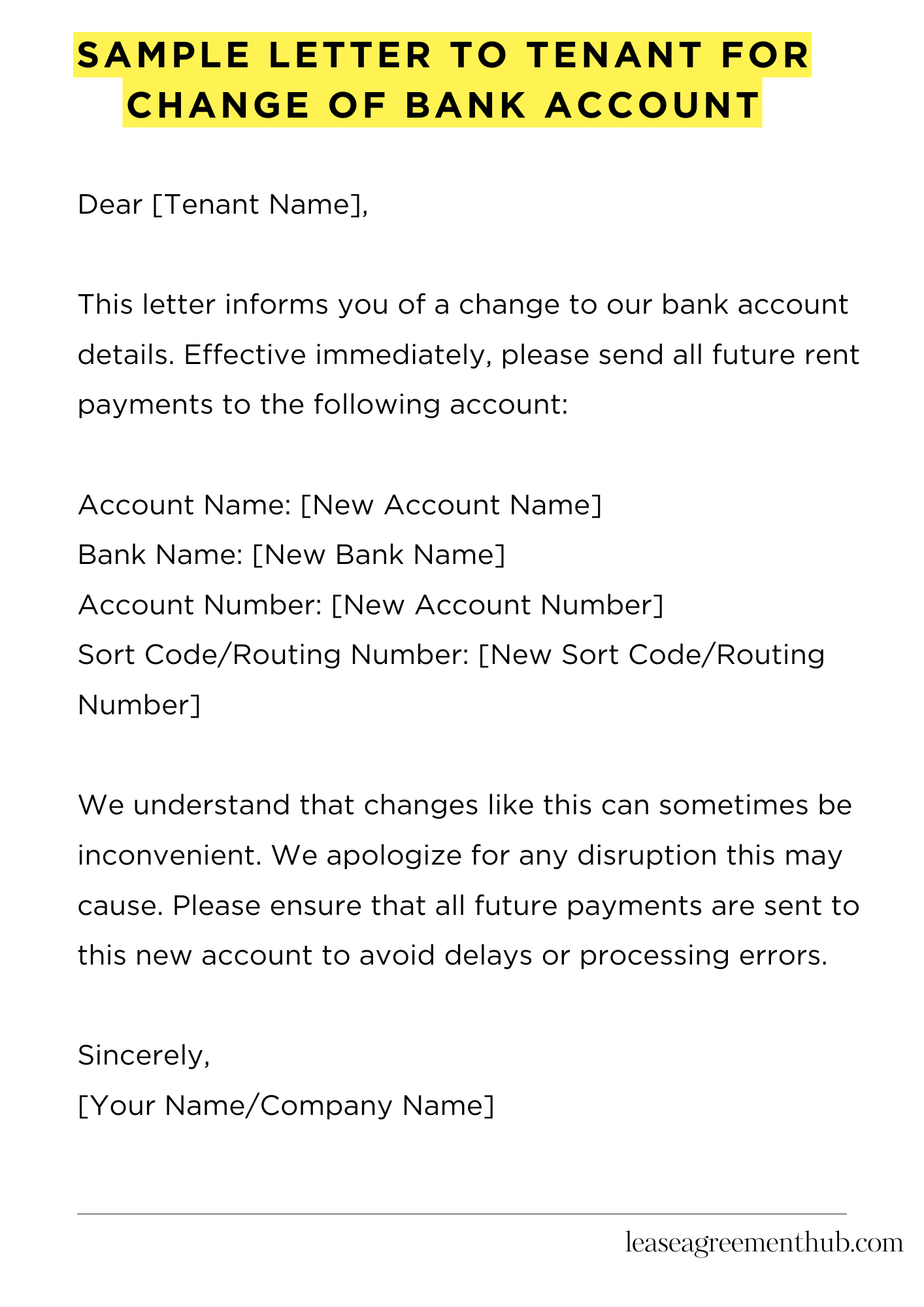 Sample Letter To Tenant For Change Of Bank Account