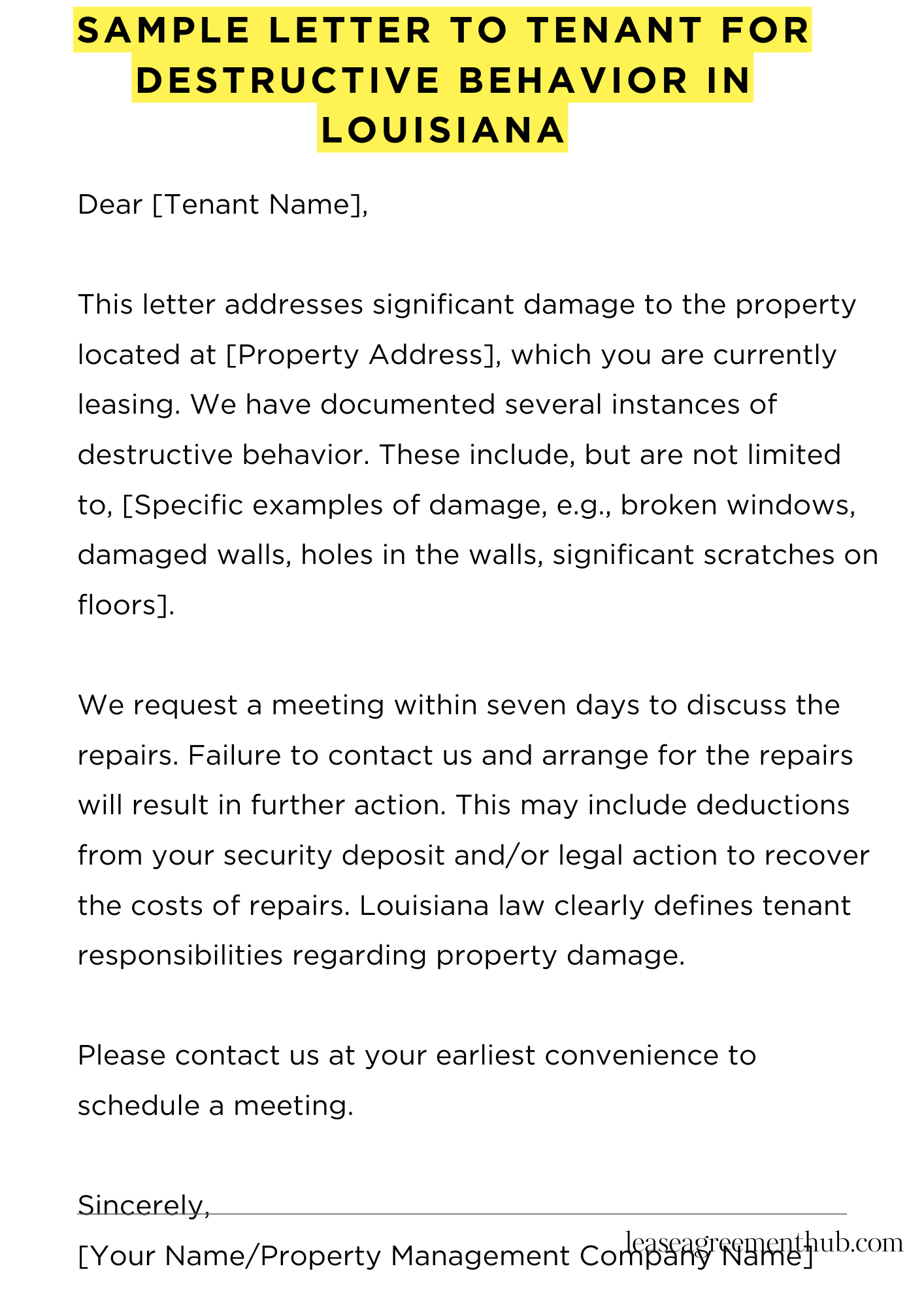 Sample Letter To Tenant For Destructive Behavior In Louisiana