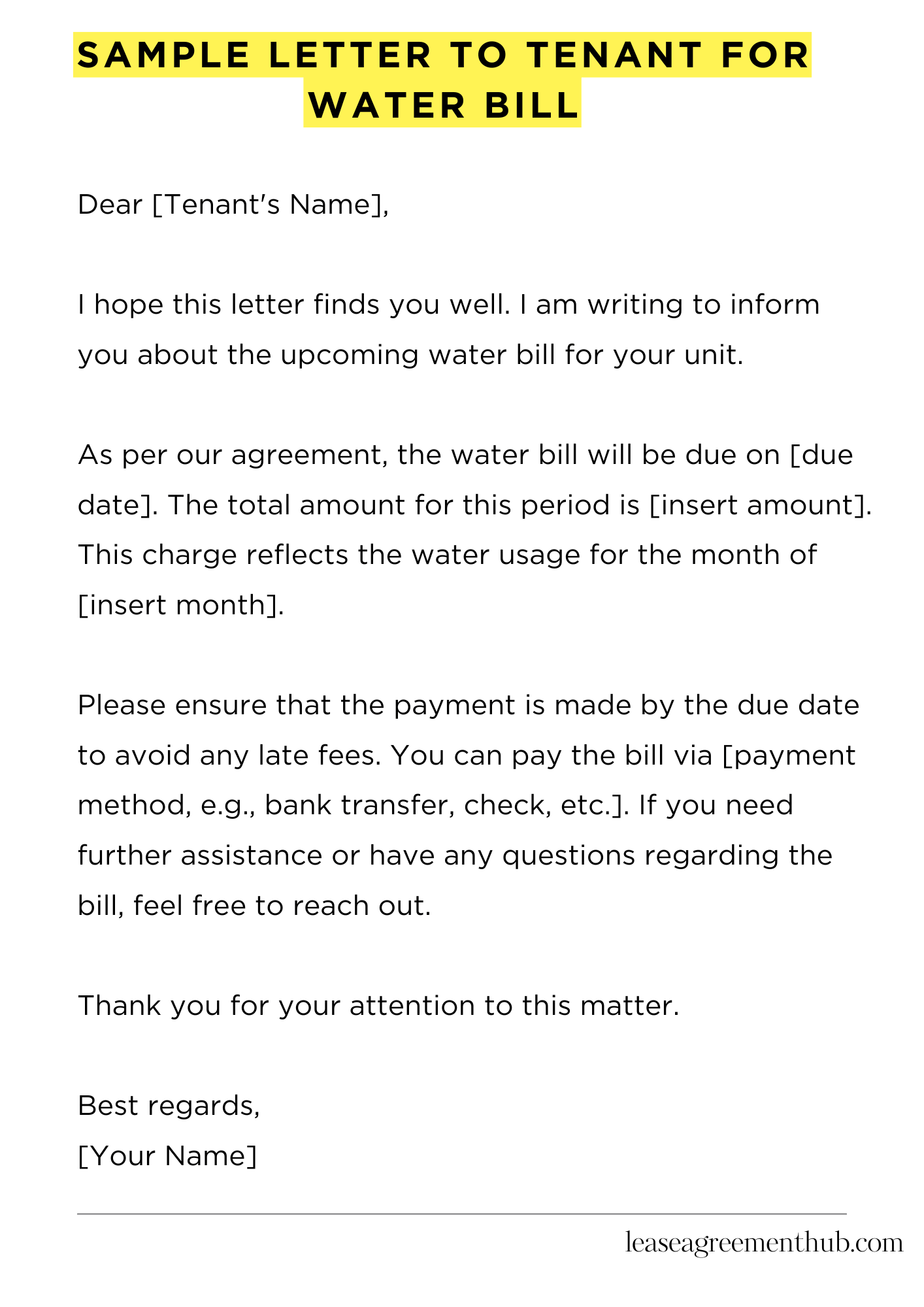Sample Letter To Tenant For Water Bill