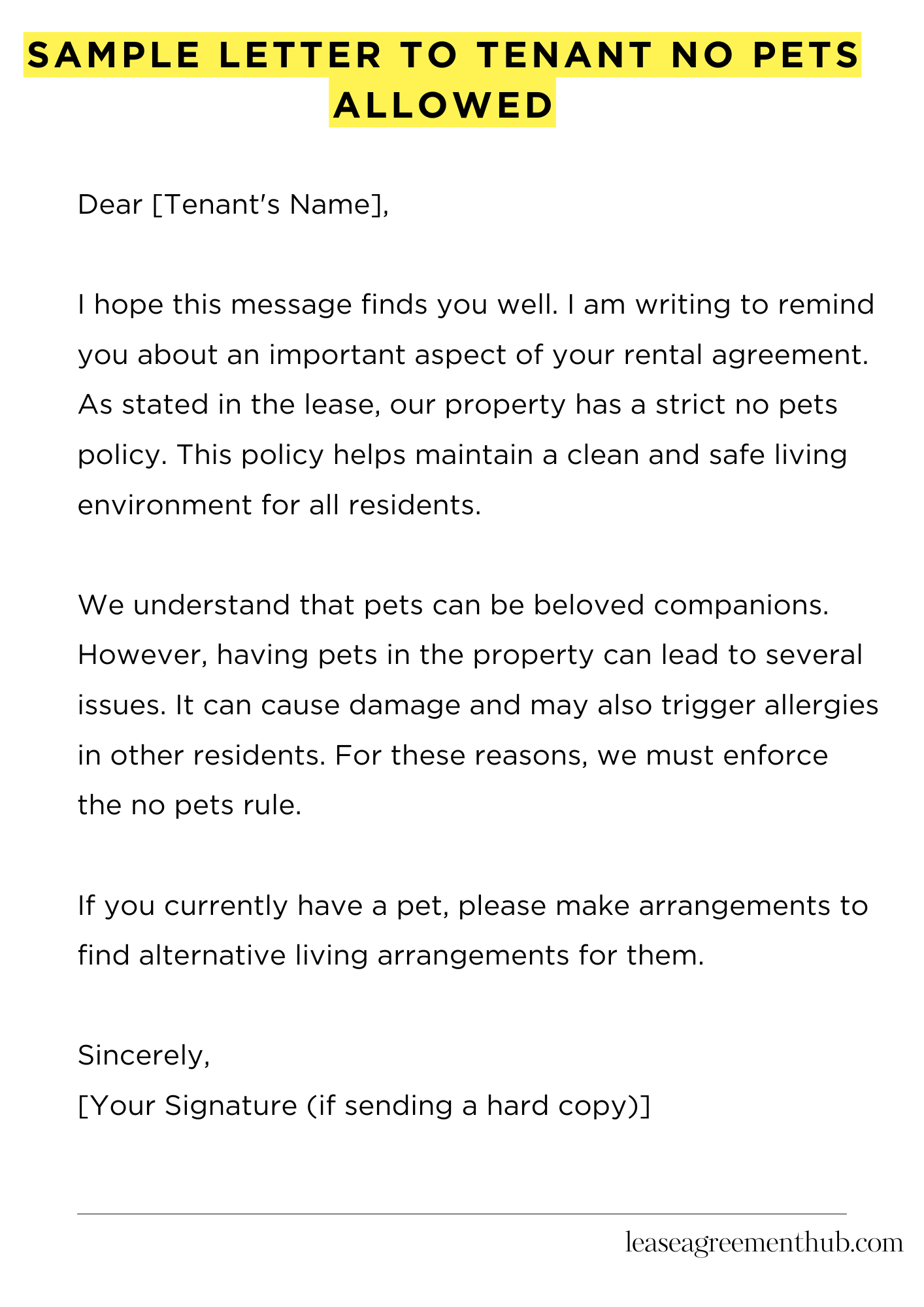 Sample Letter To Tenant No Pets Allowed