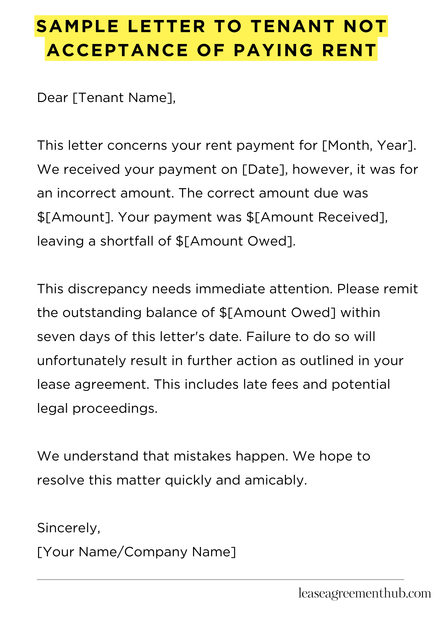 Sample Letter To Tenant Not Acceptance Of Paying Rent